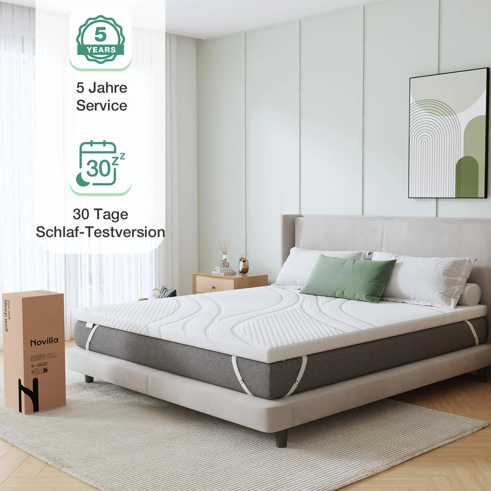 Novilla Topper Viscoelastic 160x200 5 cm, żelowy materac, nakładka na materac z pianki Memory Foam Mattress, bambusowy topper, zdejmowany i nadający się do prania pokrowiec na materac, biały