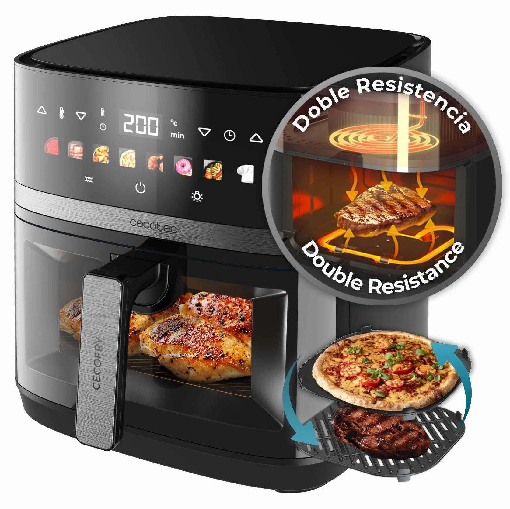 Cecotec Frytkownica powietrzna 8 litrów, frytkownica powietrzna Cecofry&Grill Duoheat 8000, 2200 W, podwójna wytrzymałość, dietetyczna i cyfrowa, okno, regulowana temperatura 80-200 °C, 8 menu