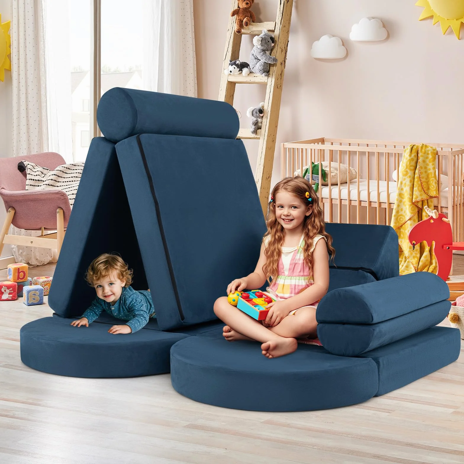 COSTWAY 14-częściowa modułowa sofa dziecięca, do zabawy z pianki, klocków, wspinaczki i raczkowania, rozkładana, do pokoju dziecięcego, pokoju zabaw (granatowa)