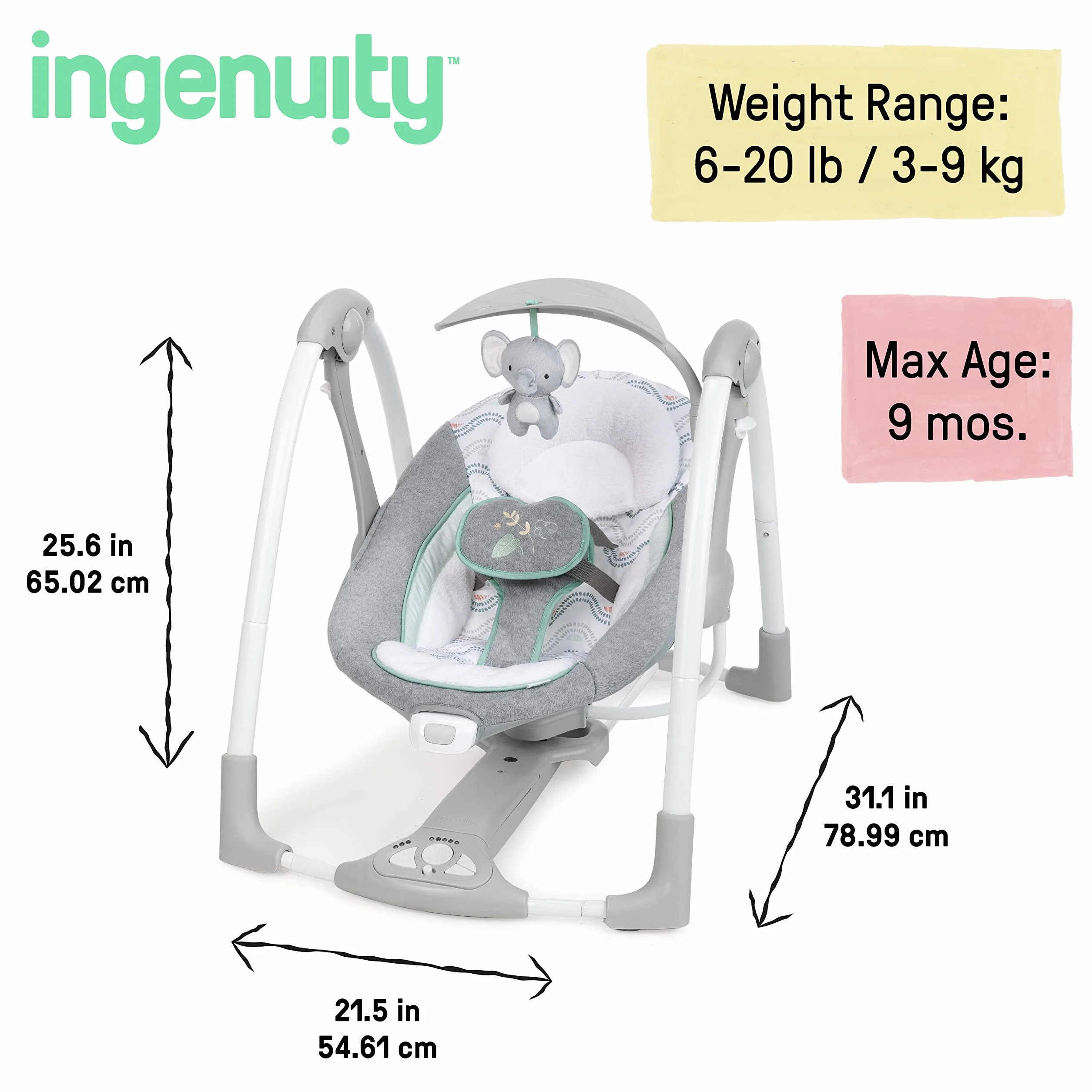 Ingenuity ConvertMe Huśtawka dziecięca 2 w 1, elektryczna, przenośna, wibracje, odgłosy natury, 0-9 miesięcy, maks. 9 kg – Swell