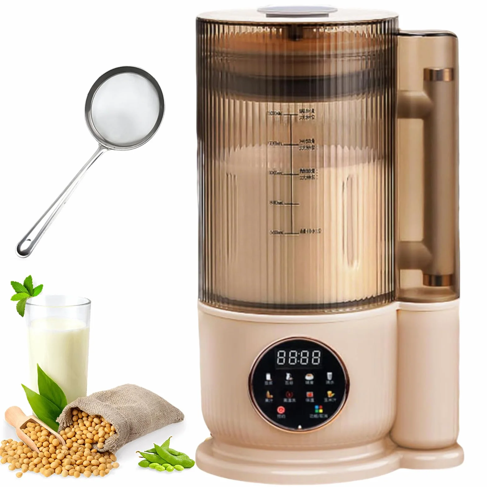 Maszyna do Mleka Sojowego i Orzechowego 1,5L, Automatyczna Maszyna do Mleka Roślinnego 8 w 1 z 12 Ostrzami, Timer 24h, Funkcja Podgrzewania, Wyciszona Pokrywa, Samoczyszcząca do Domu white