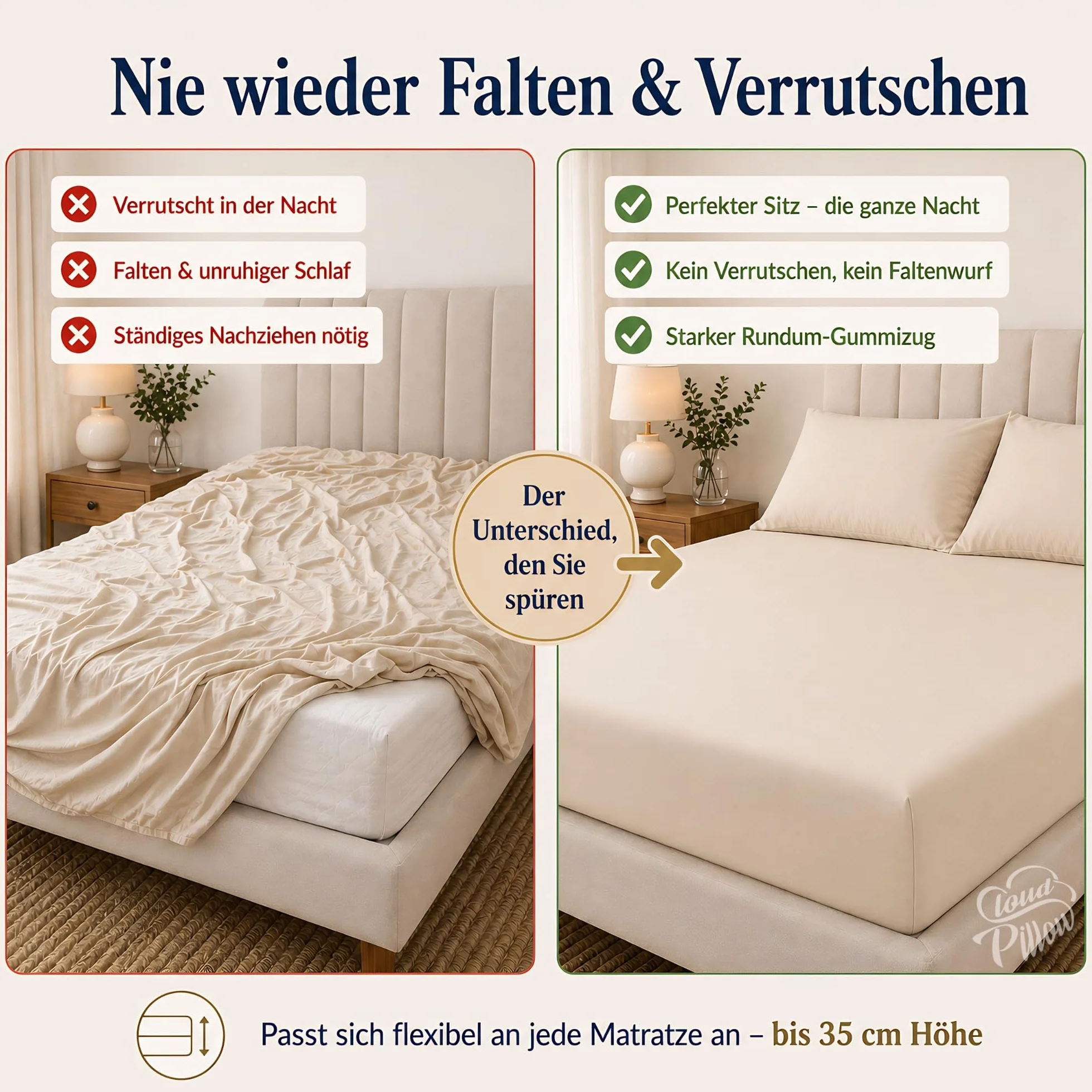 Cloud Pillow Prześcieradło z gumką 160x200cm – idealne na wysokie materace | 100% bawełna, elastyczna gumka wokół, komfort na co dzień, na materace do 35 cm, 160 g/m², OEKO-TEX Standard 100