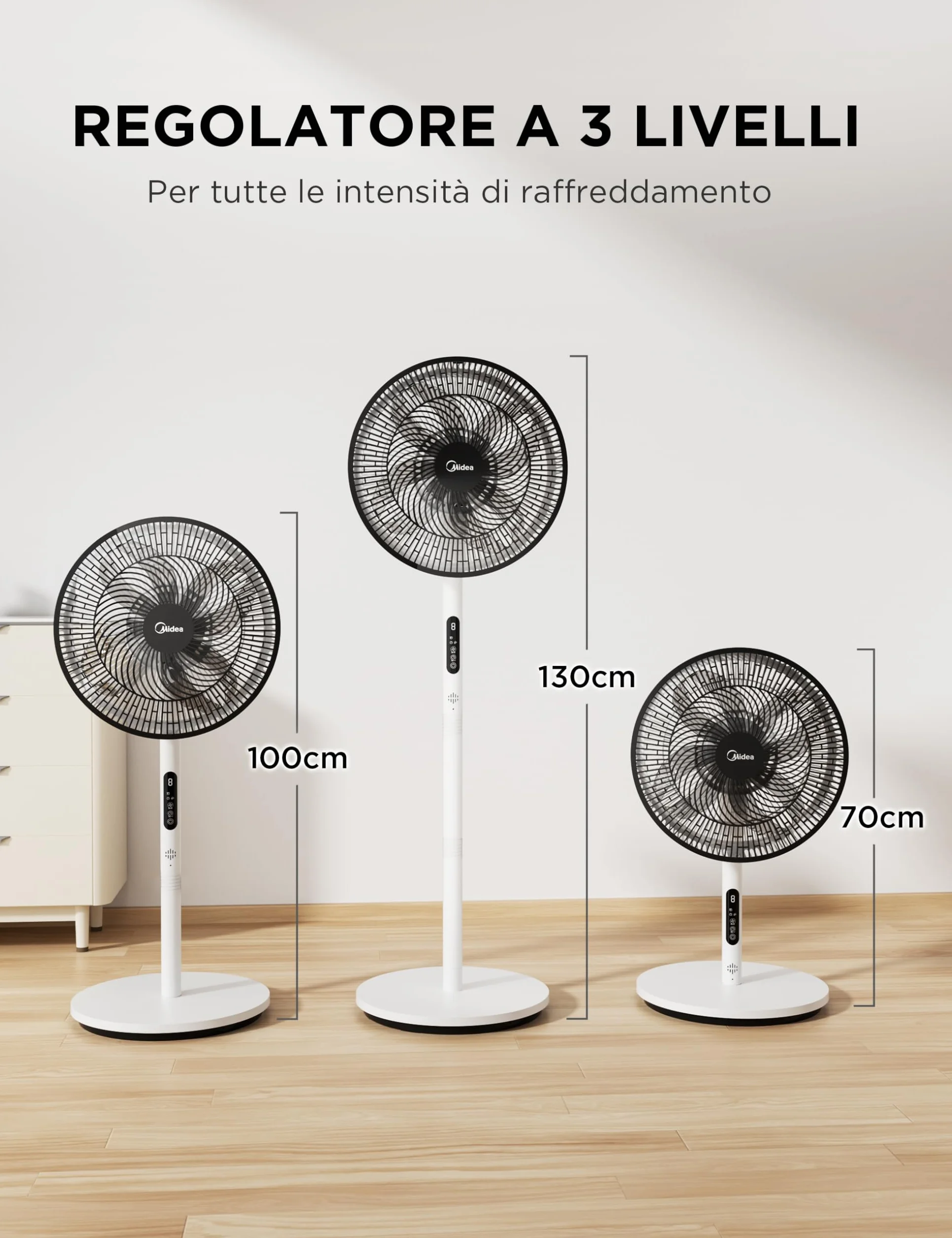 Midea FS35-26XRDSE(BW) Silnik prądu stałego, 8 łopatek, 9 poziomów prędkości, oscylacja 85°, 9-godzinny timer, regulacja wysokości