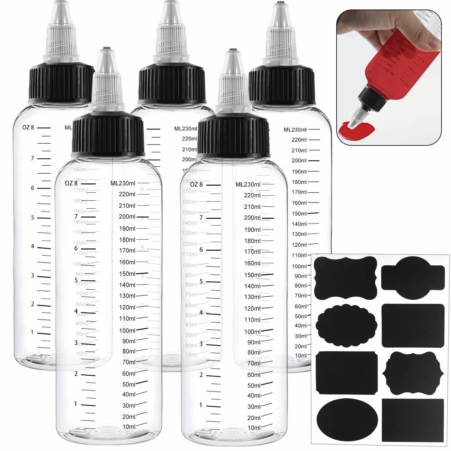 Przezroczysta plastikowa butelka kompresyjna ze skalą 5 szt. 250 ml butelki dozujące z czarną zakrętką do otwierania/zamykania dyszy do rzemiosła, kleju, wielofunkcyjnego