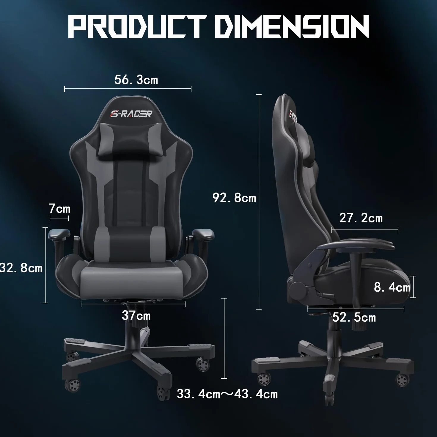 JUMMICO Ergonomiczne krzesło gamingowe, z podparciem okolic lędźwiowych, do komputera, z regulacją wysokości, obciążenie 150 kg, kolor szary