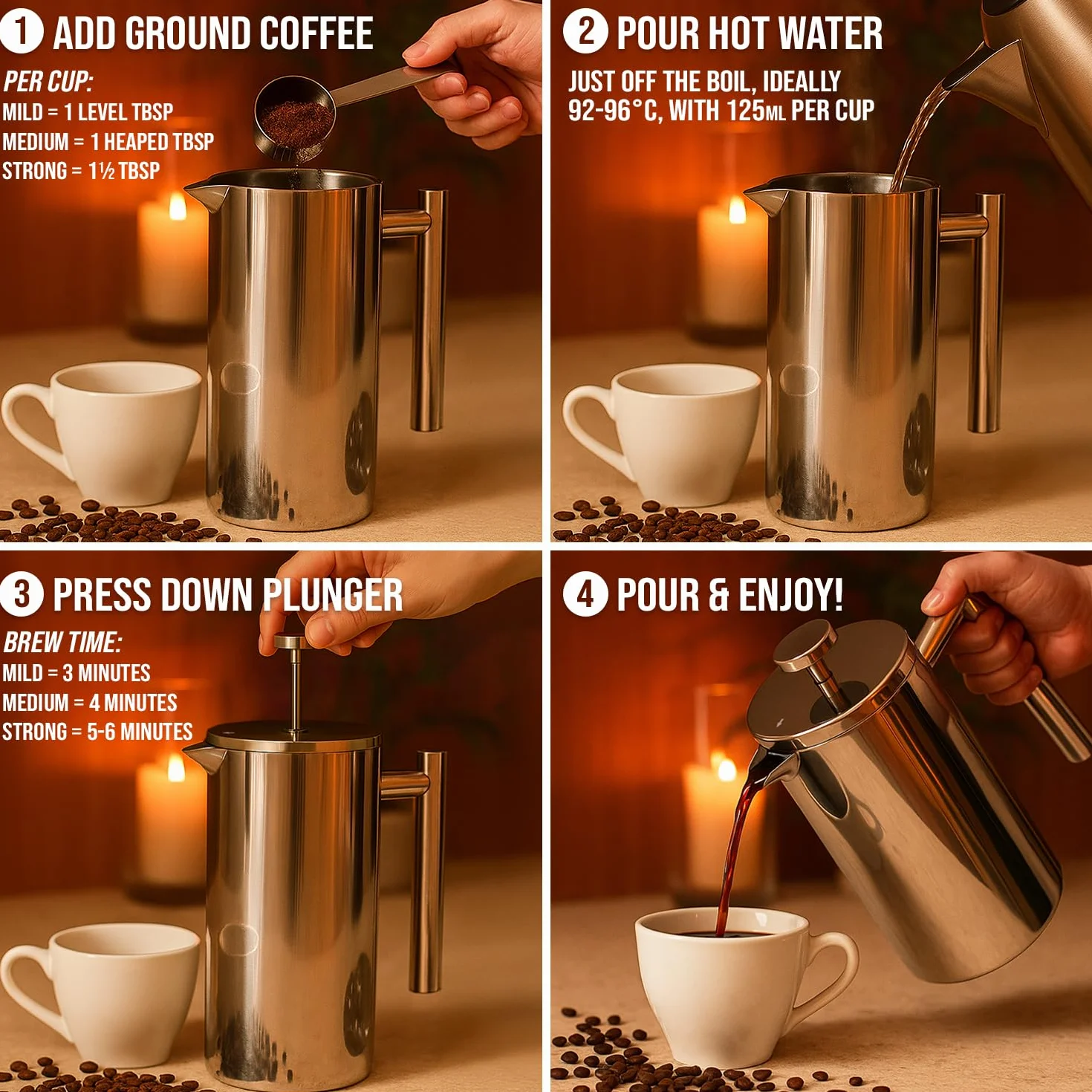 Prasa francuska ze stali nierdzewnej 1L Cafetiere z podwójną ścianką izolacyjną