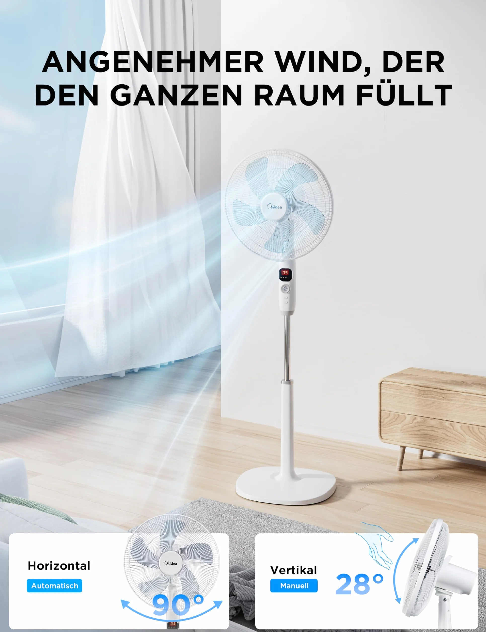 Midea FS40-16CR DC wentylator stojący, cichy, z pilotem zdalnego sterowania, 12 prędkości, timer 12 h, 4 tryby, wskaźnik LED, energooszczędny, 27 dB, regulacja wysokości, cyrkulacja powietrza, biały