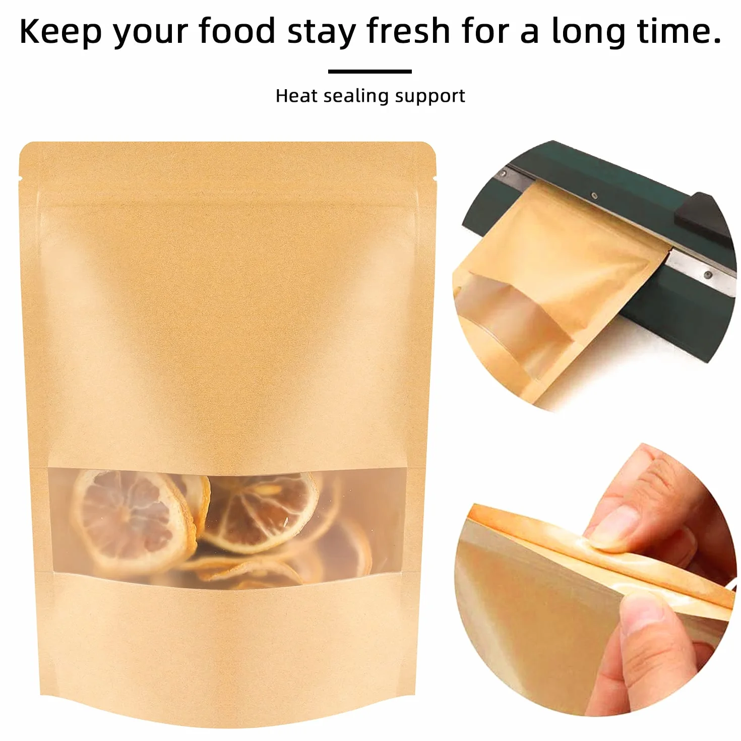 100 szt. Kraft Stand Up Pouches – 18 x 25 cm zamykane torby do przechowywania żywności z matowym okienkiem do pakowania