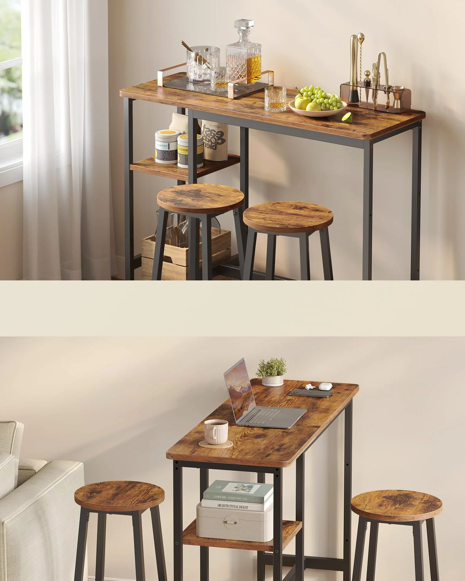 VASAGLE LBT220KD01 stół barowy z 2 stołkami, 3-częściowy zestaw stołów kuchennych z półkami do przechowywania, do salonu, kuchni, stalowa rama, łatwy montaż, rustykalny brąz i czarny atrament