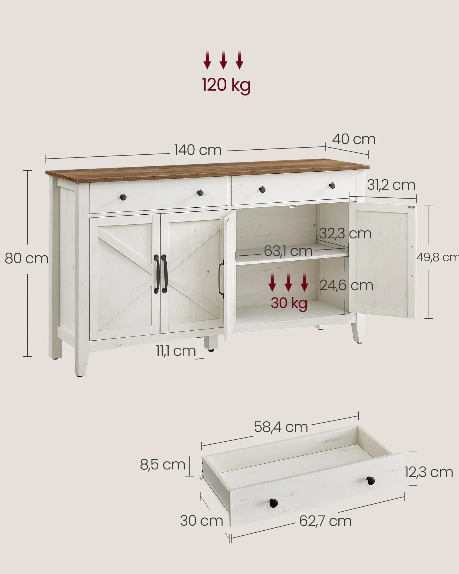 VASAGLE Kredens szafka do przechowywania z szufladą 40 x 140 x 80 cm rustykalna biel i miodowy brąz BBK381W02