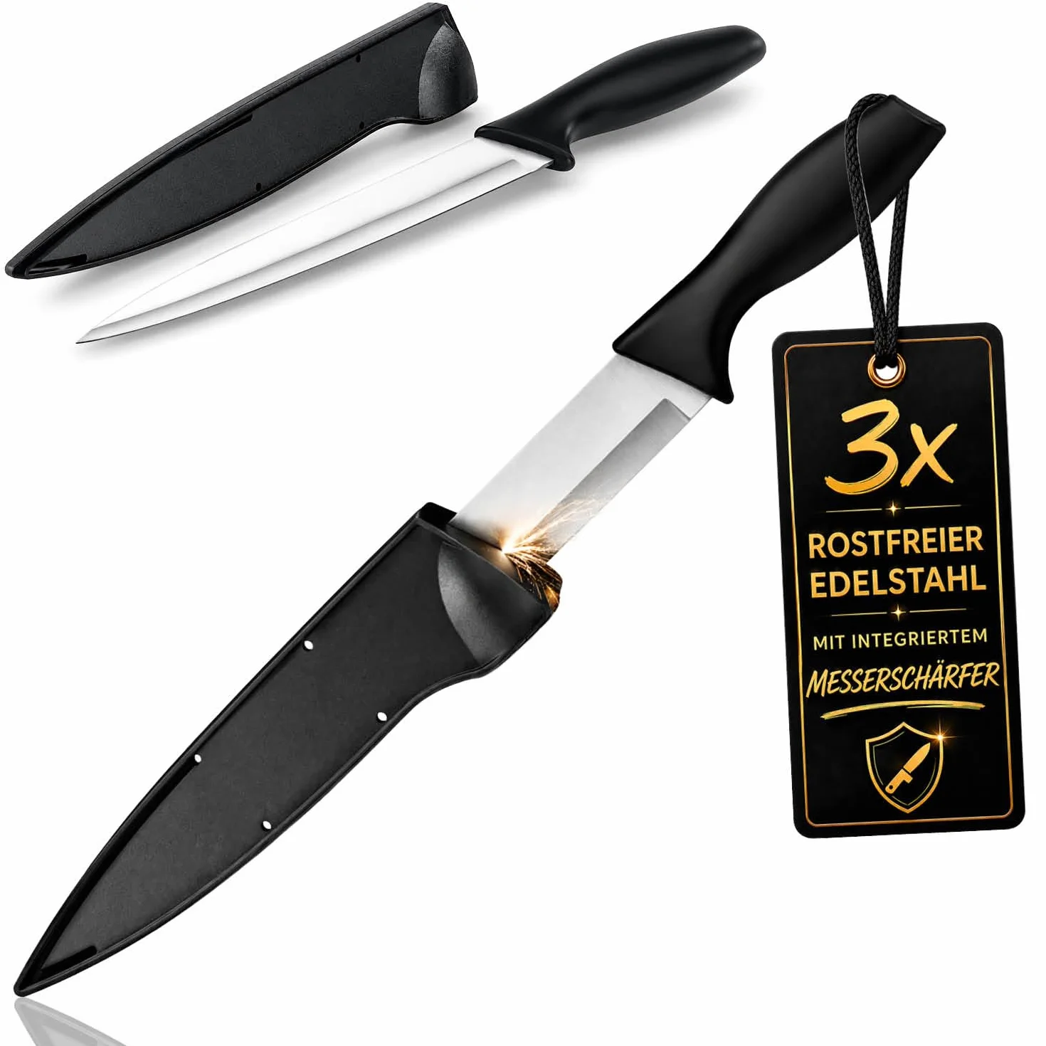 com-four® 3 nóz uniwersalny z oslona – wszechstronny nóz ze stali nierdzewnej z ostrzalka – nóz kuchenny i outdoorowy z plastikowym uchwytem (3 srebrno-czarny 31cm)