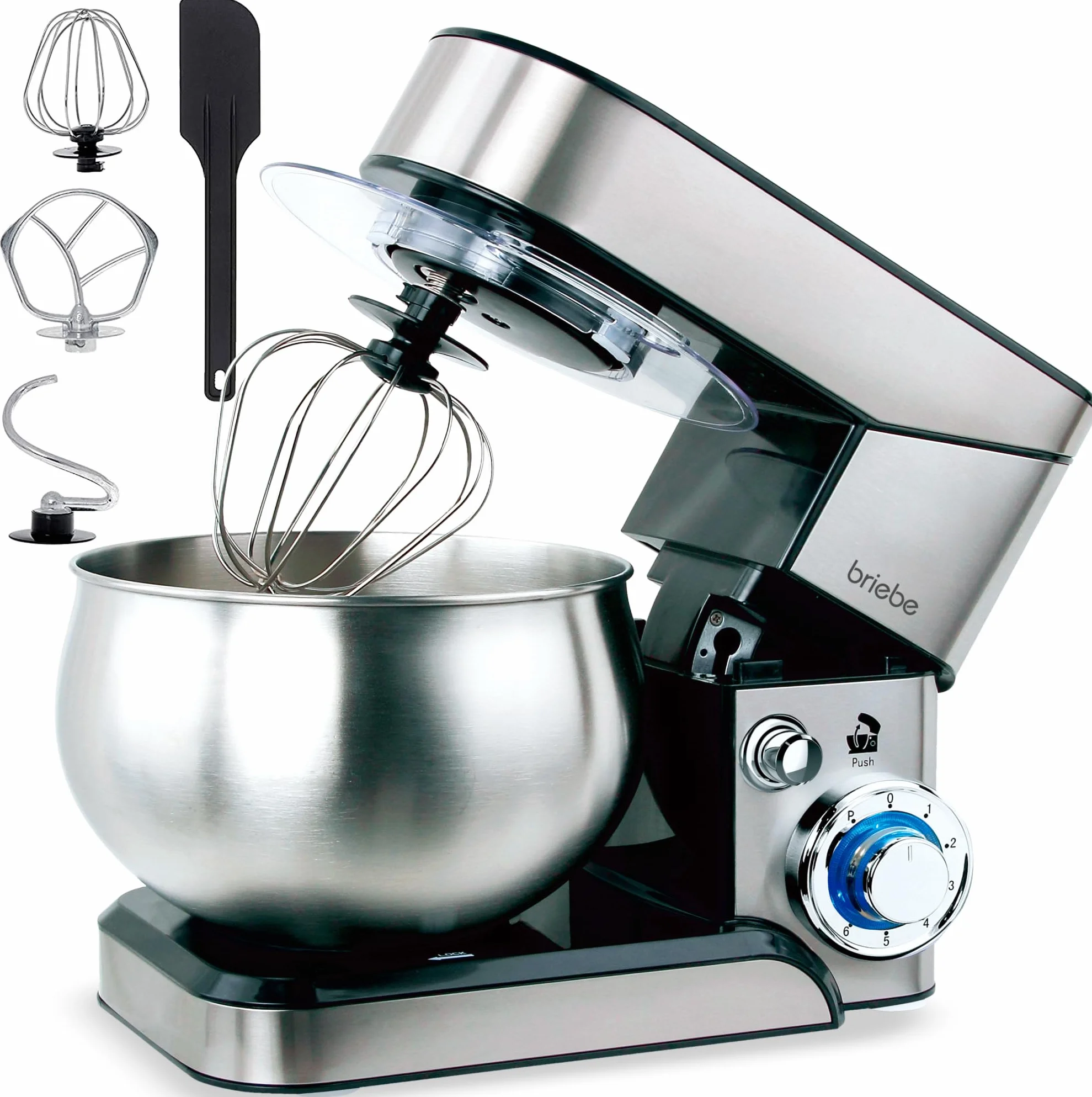 briebe Mikser do ciasta 1800 W MAX, profesjonalny robot kuchenny, ruch orbitalny, pręty, hak do ciasta, łopatka do mieszania, 5 l, 6 prędkości + funkcja pulsu, Inox KM1114