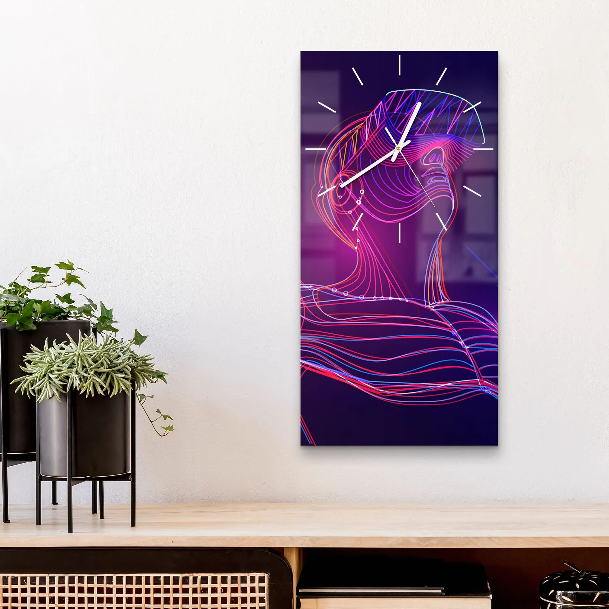 DEQORI Szklany zegar | poziomy 30 x 60 cm | motyw mężczyzny z okularami VR | duży zegar XXL ze szkła | cichy zegar ścienny do salonu i kuchni | nowoczesny zegar przyciągający wzrok na ścianę