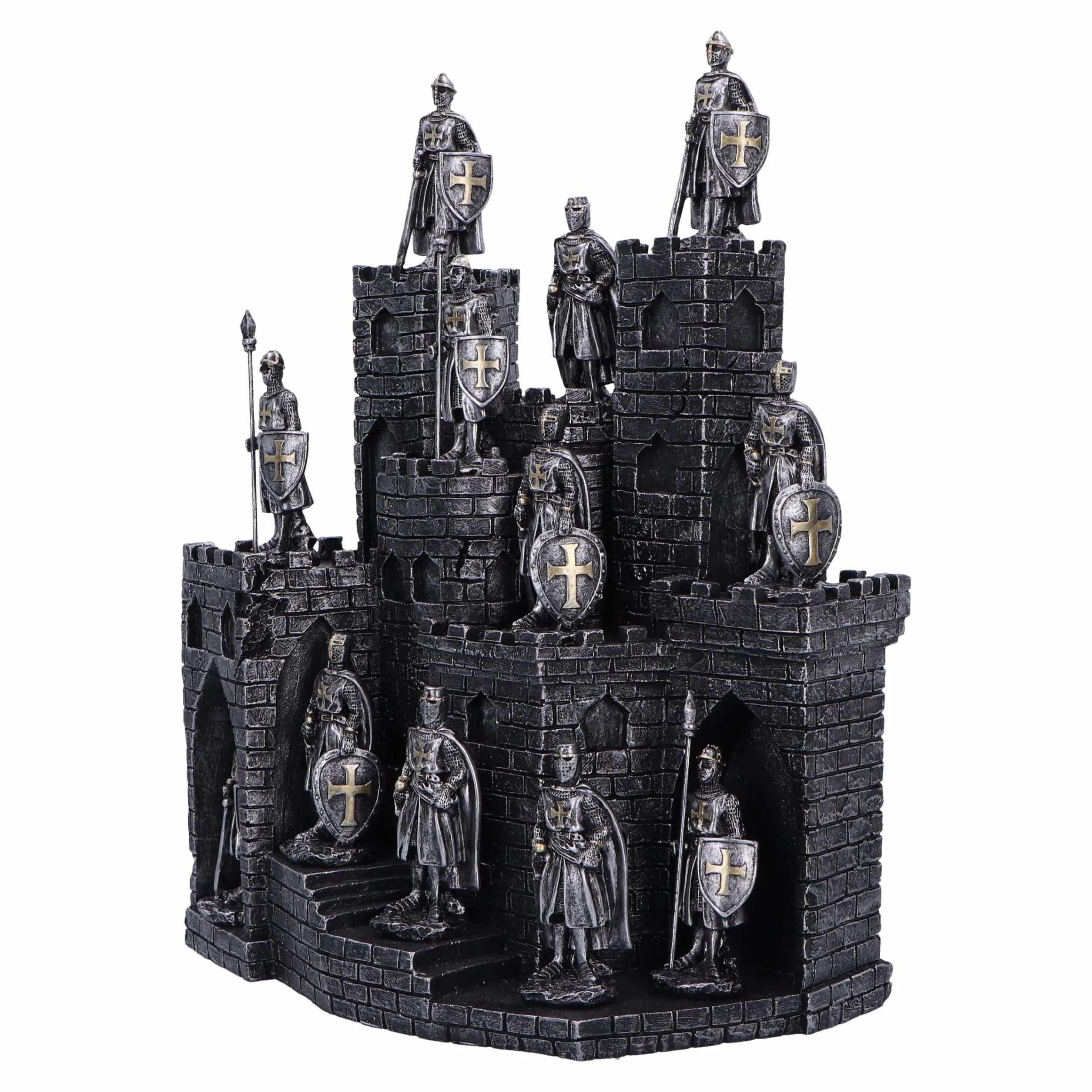 Nemesis Now Rycerze Wieży z zestawem figurek 48 rycerzy 25 cm, żywica, srebrny, średniowieczny zamek z zestawem figurek 48 rycerzy, towar rycerski, odlewany w najlepszej żywicy, ręcznie malowany