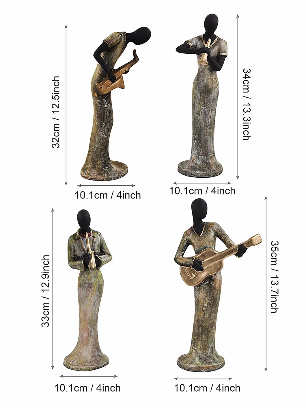 Fascinate Care zestaw 4 muzycznych damskich figurek instrumentów do zabawy, element dekoracyjny figurki kolekcjonerskie do dekoracji domu, półka ścienna, stół, biuro, salon, dekoracja, przedmiot (poliester, każda 34 cm)