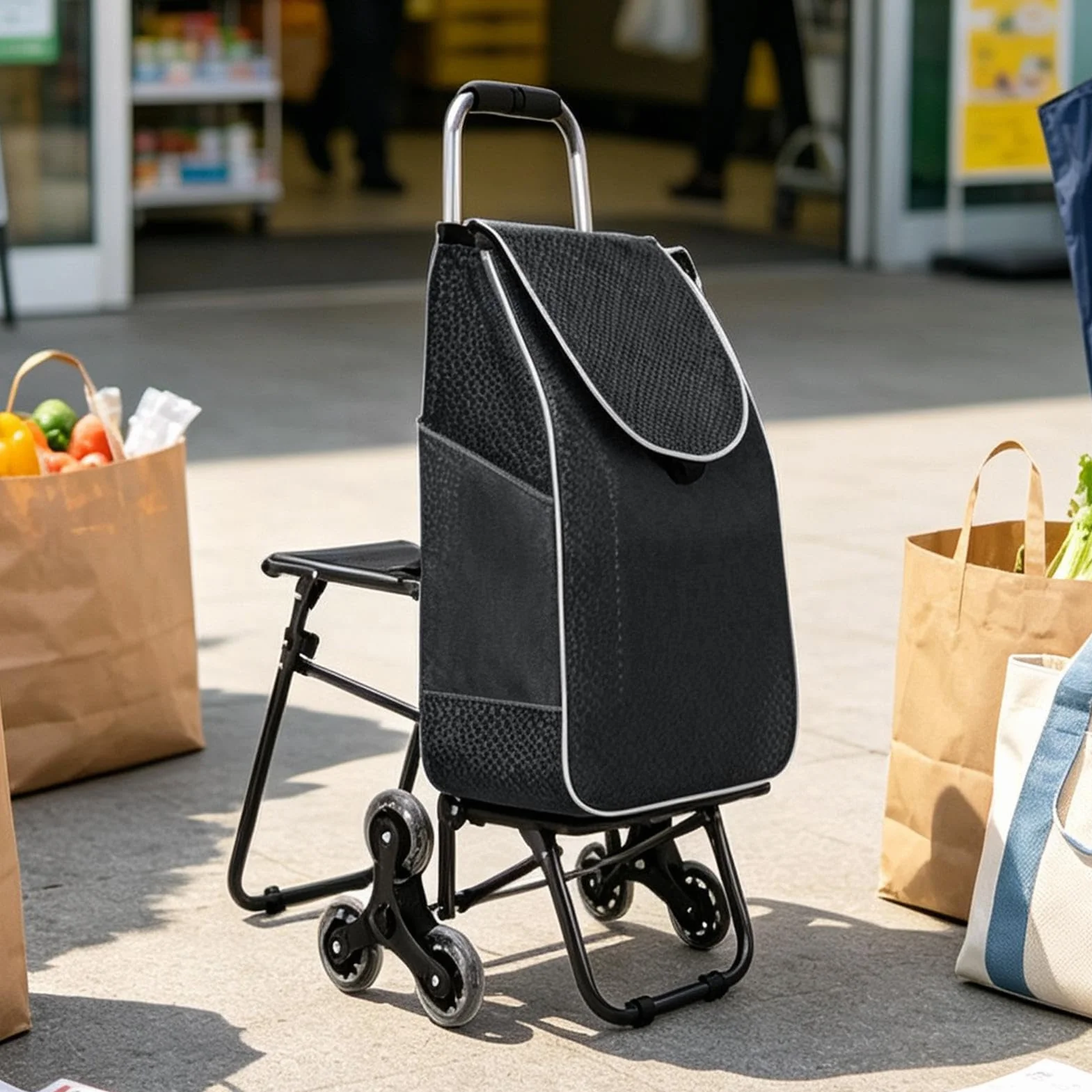 Wózek Do Pokonywania Schodów Na Zakupy 3-Kołowy Składany Wodoodporny | Wózki na zakupy Dla Seniorów Schody Mieszkanie Supermarket I Rynek Pralnia Dom