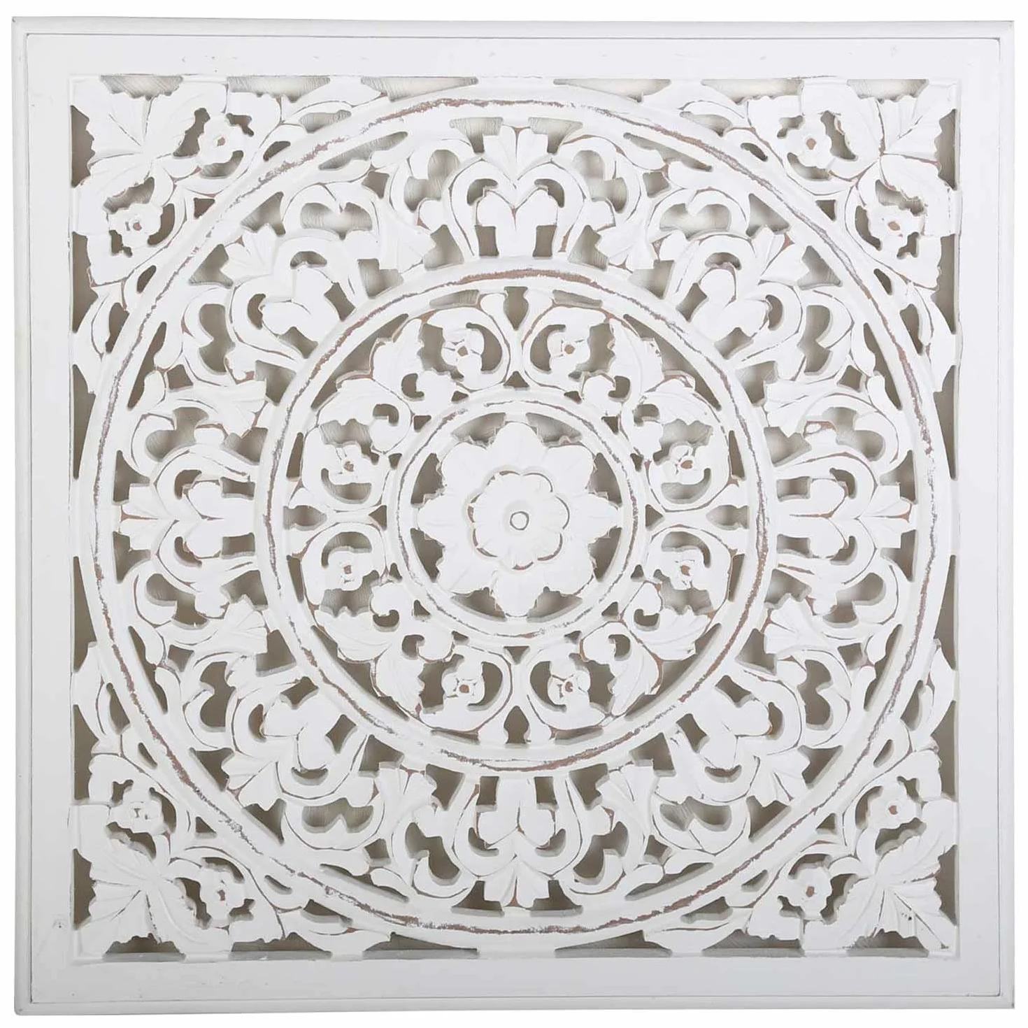 Casa Moro orientalny obraz ścienny z drewna, mandala Nasha 55 x 55 cm, shabby chic biały, rzemiosło artystyczne, ręcznie rzeźbiona dekoracja ścienna do zawieszenia i postawienia jako MD1090