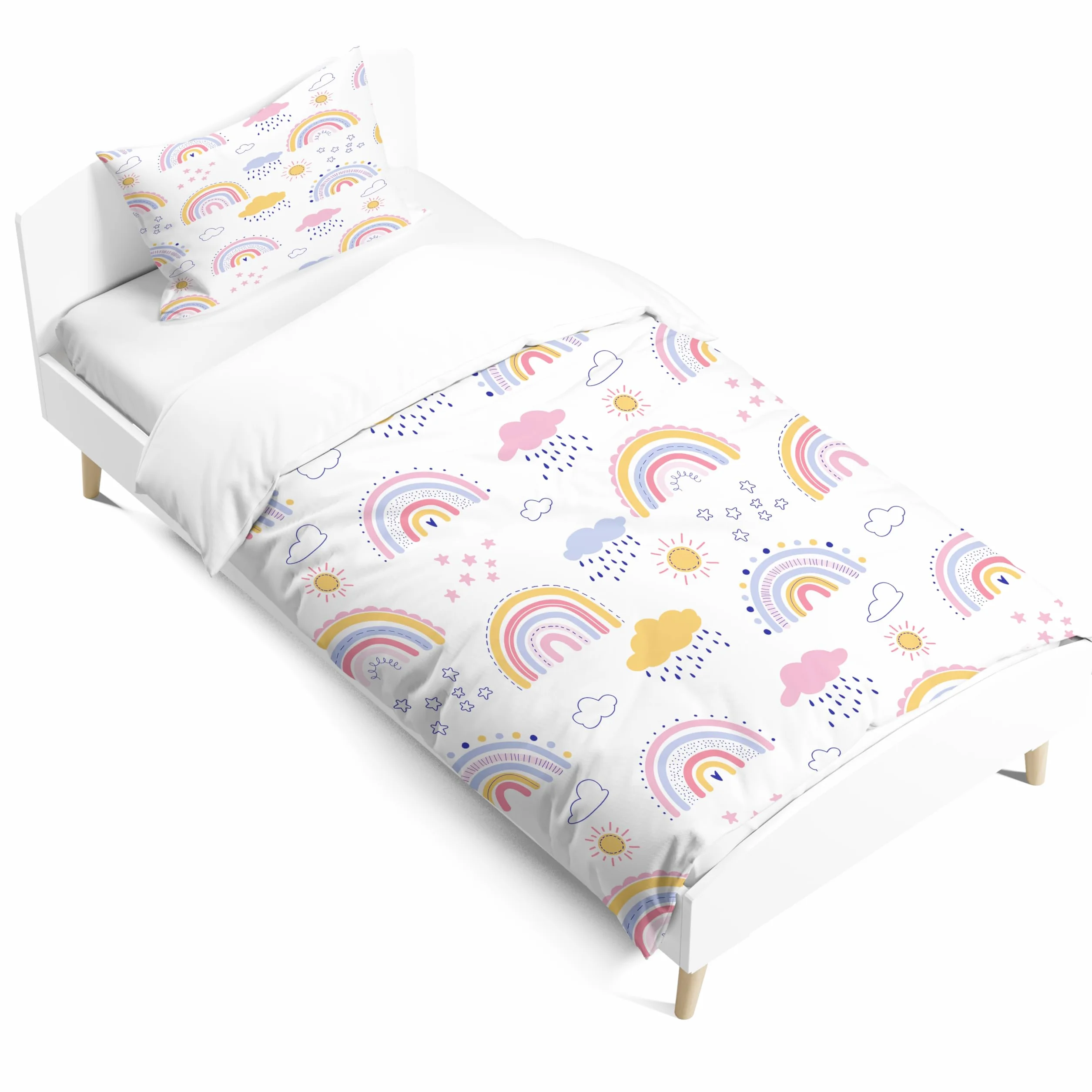 Zestaw pościeli dla dziewczynek w kolorach tęczy, poszewka na poduszkę 65x65 cm, poszwa na kołdrę 140x200 cm, pościel w stylu kreskówkowym z chmurami z łatwym do otwierania zamkiem