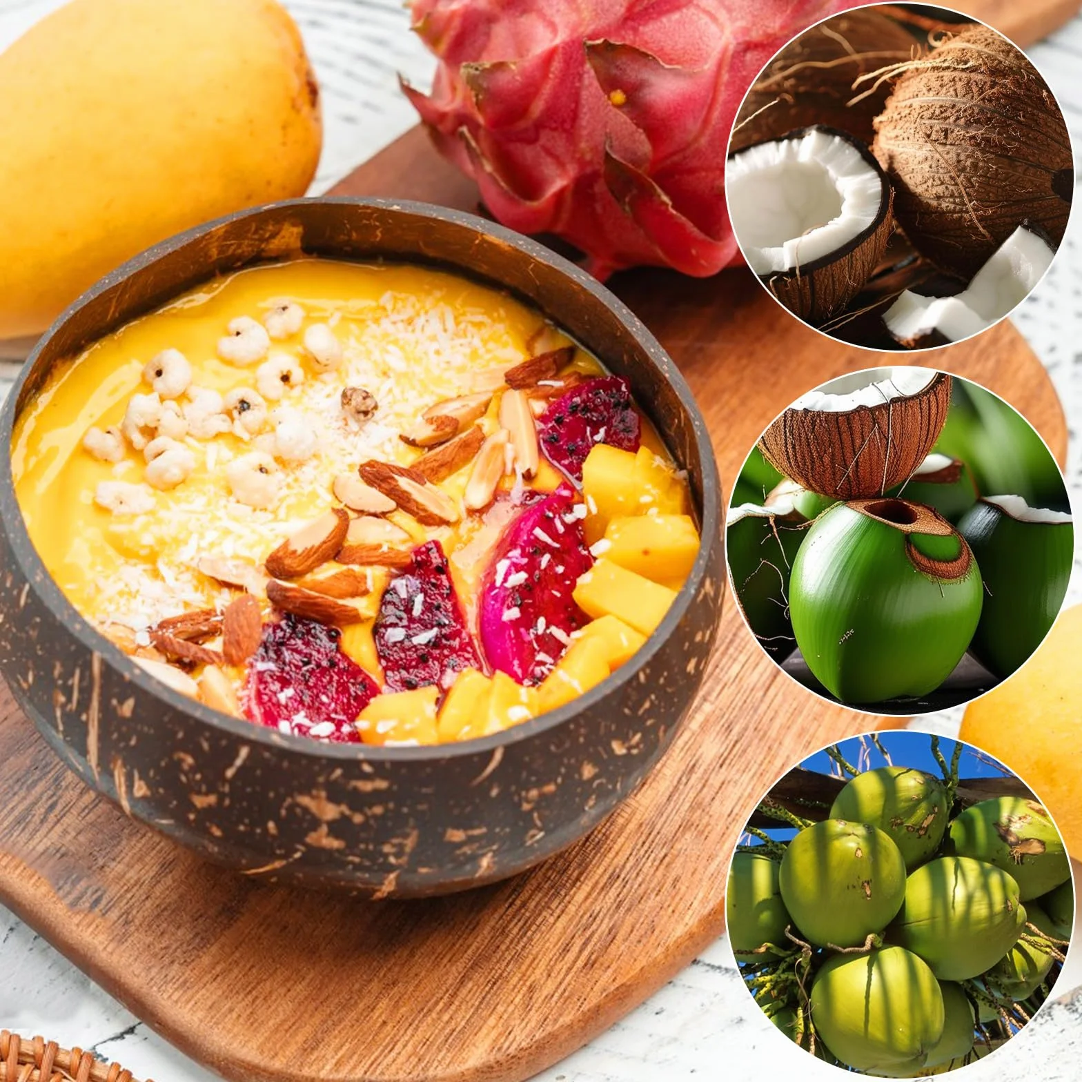 Miski kokosowe, 2-częściowy zestaw z łyżeczkami kokosowymi, duży zestaw miseczek do kokosa, naturalne miski do smoothie, ręcznie wykonane drewniane miseczki kokosowe, miseczki na
