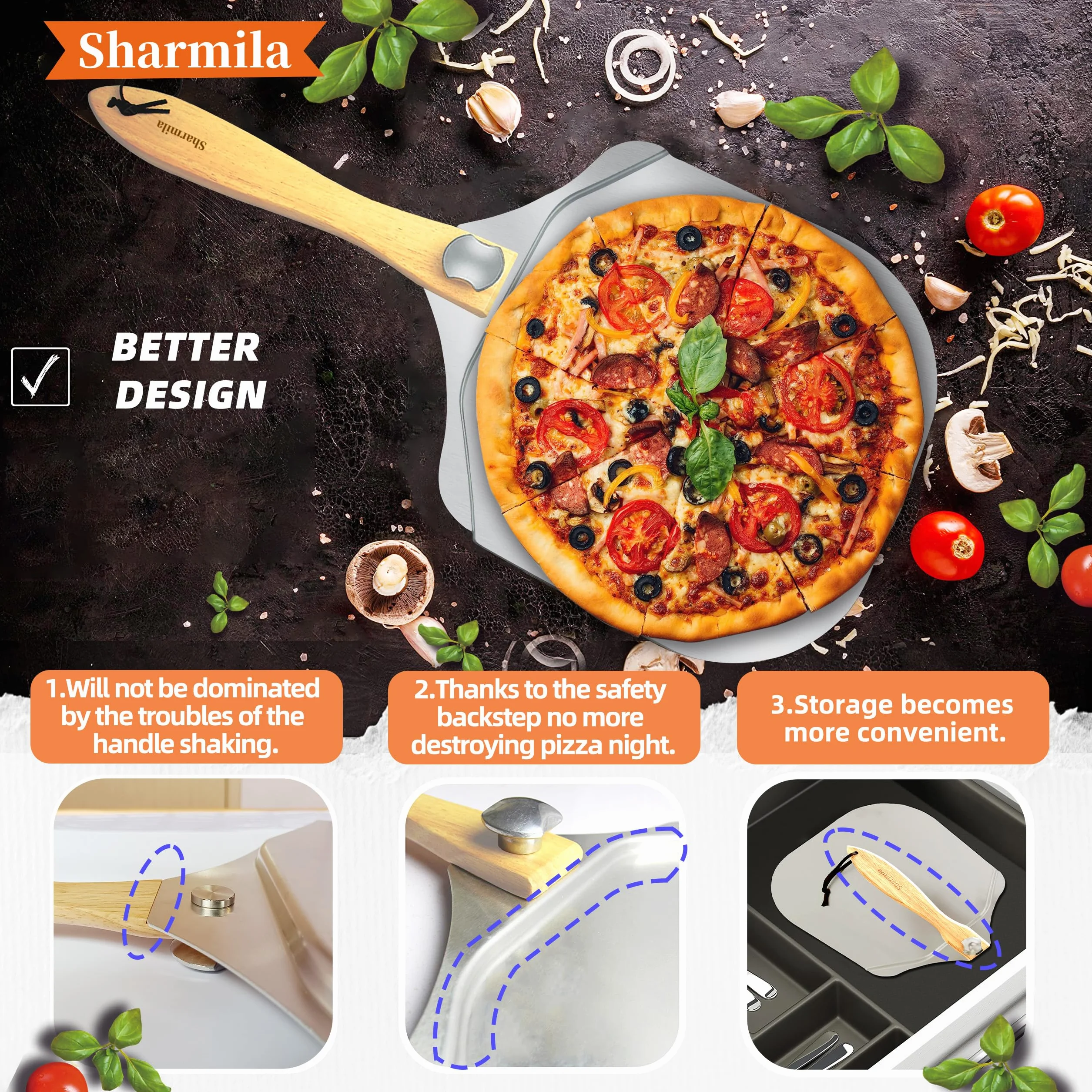 Sharmila Łopatka do pizzy 30 cm aluminiowa łopatka do pizzy ze składanym drewnianym uchwytem, nożem do pizzy i metalową szpatułką do pizzy - idealna do rodzinnego pieczenia pizzy, ciasta, chleba i