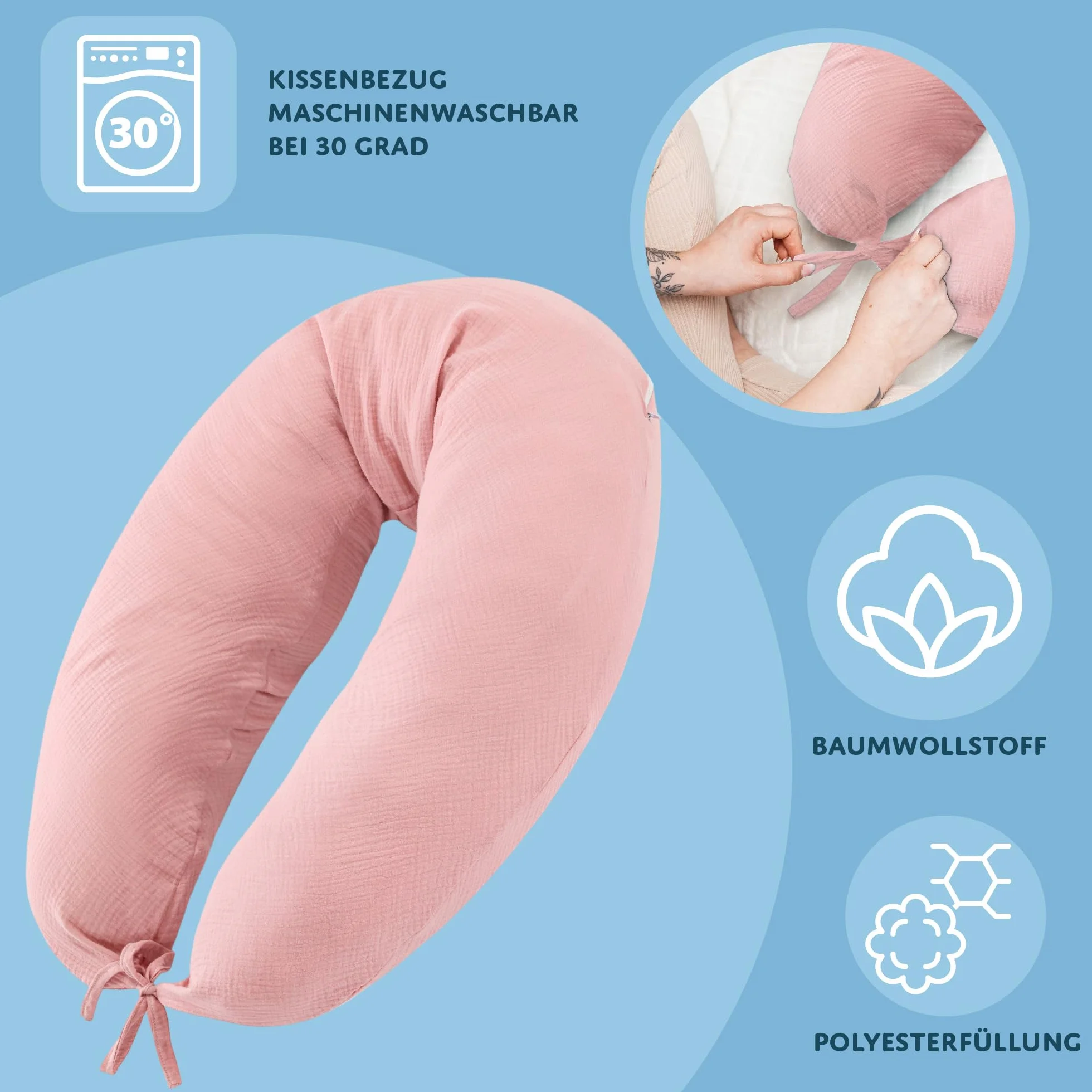 Poduszka do karmienia lub do spania na boku 190 x70 cm - Poduszka ciążowa wspierająca pozycjonująca muślin pudrowy róż