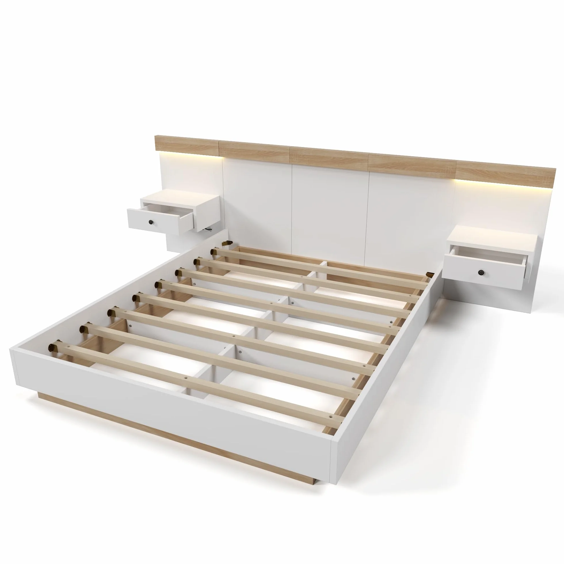 Sapgaks Łóżko 160 x 200 z listwami i głową, łóżko do bagażnika z 2 stolikami nocnymi LED i gniazdem USB, łóżko dla 2 osób z miejscem do przechowywania, podwójna rama, zestaw z białego dębu (bez