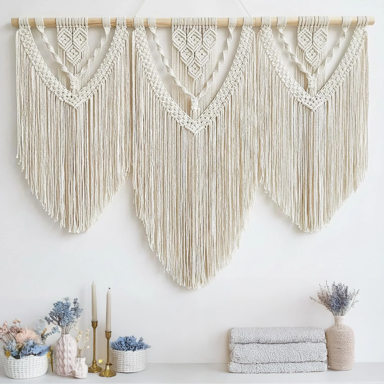 Makrama, ozdoba na ścianę, sztuka, tkany gobelin, styl boho, szykowna dekoracja domu, do sypialni, dekoracja pokoju, 110 cm (szer.) x 82 cm (wys.), dekoracja balkonu, dekoracja ścienna (C)