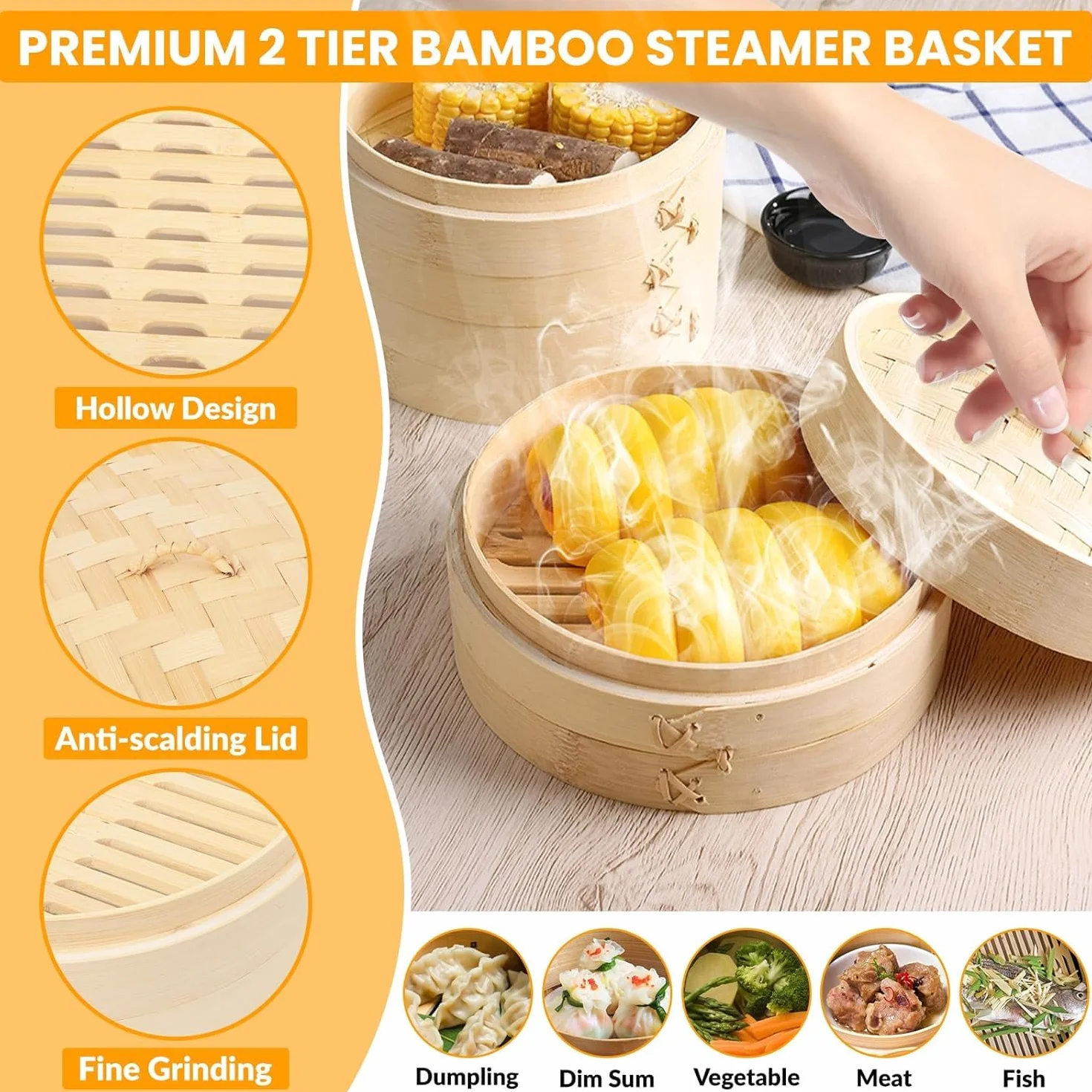 Parowar bambusowy 20 cm, 2 poziomy, do ryżu, Dim Sum, warzyw, ryb i mięsa, w zestawie 5 bawełnianych ściereczek