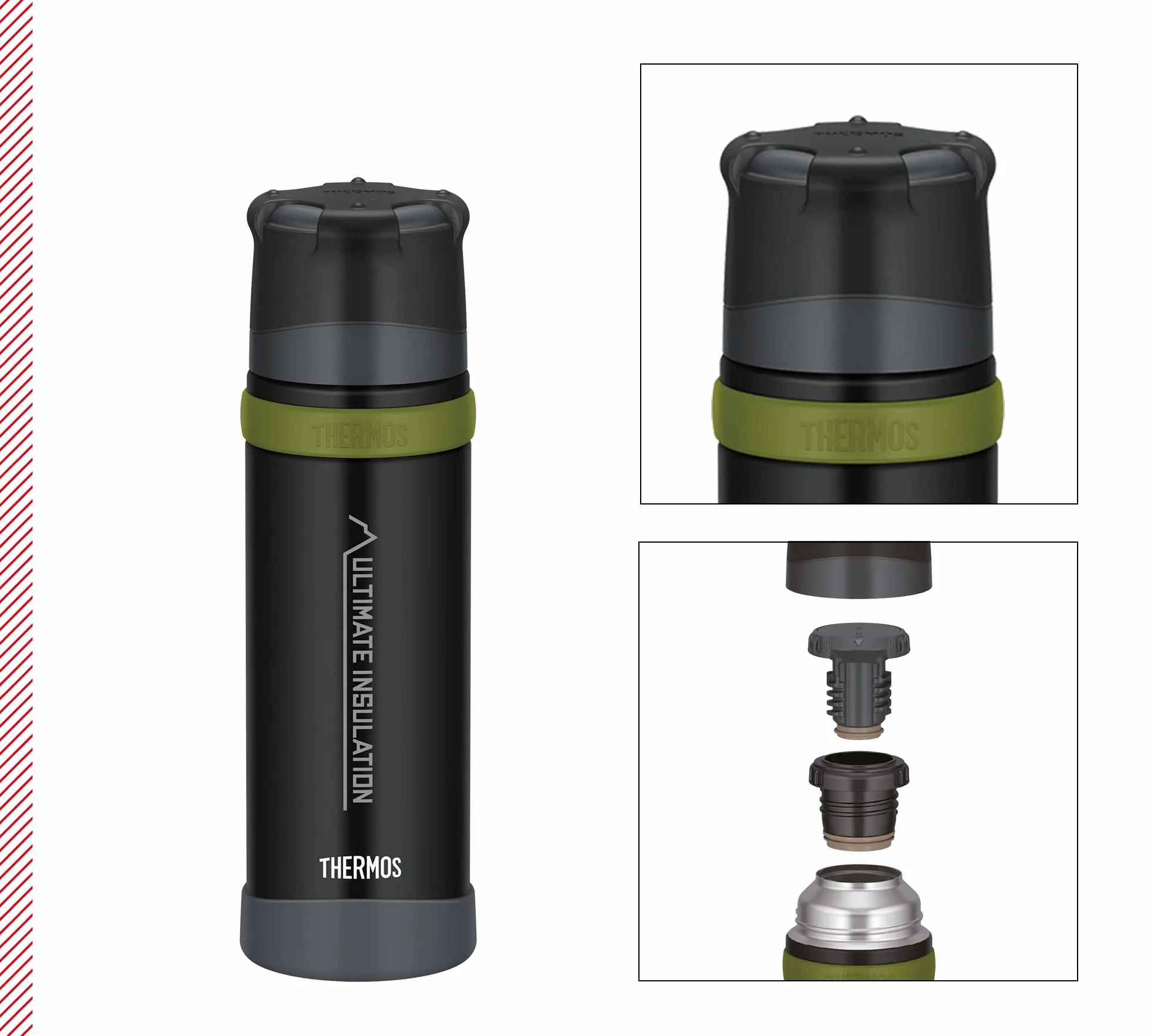 Thermos Mountain Beverage Bottle 0,50 l, czarna, termos ze stali nierdzewnej z kubkiem do picia, ciepła 24 h/zimna 24 h, lekka butelka outdoorowa, wytrzymała, rozkładane zamknięcie, nie zawiera BPA