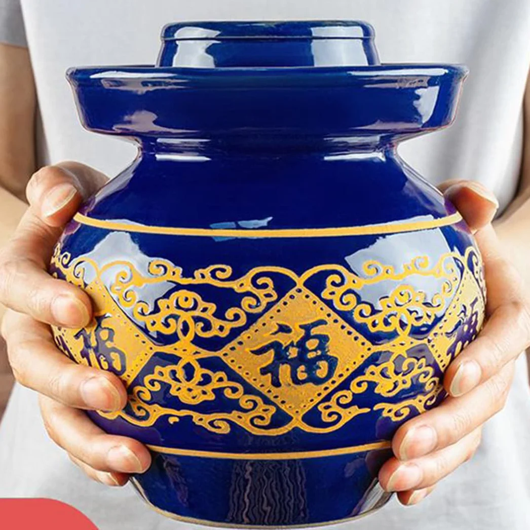 Duży ceramiczny słoik na marynaty z pokrywkami, niebieski tradycyjny porcelanowy słoik do marynowania, ceramiczny garnek fermentacyjny z uszczelką wodną pokrywką śluzy powietrznej, garnek z