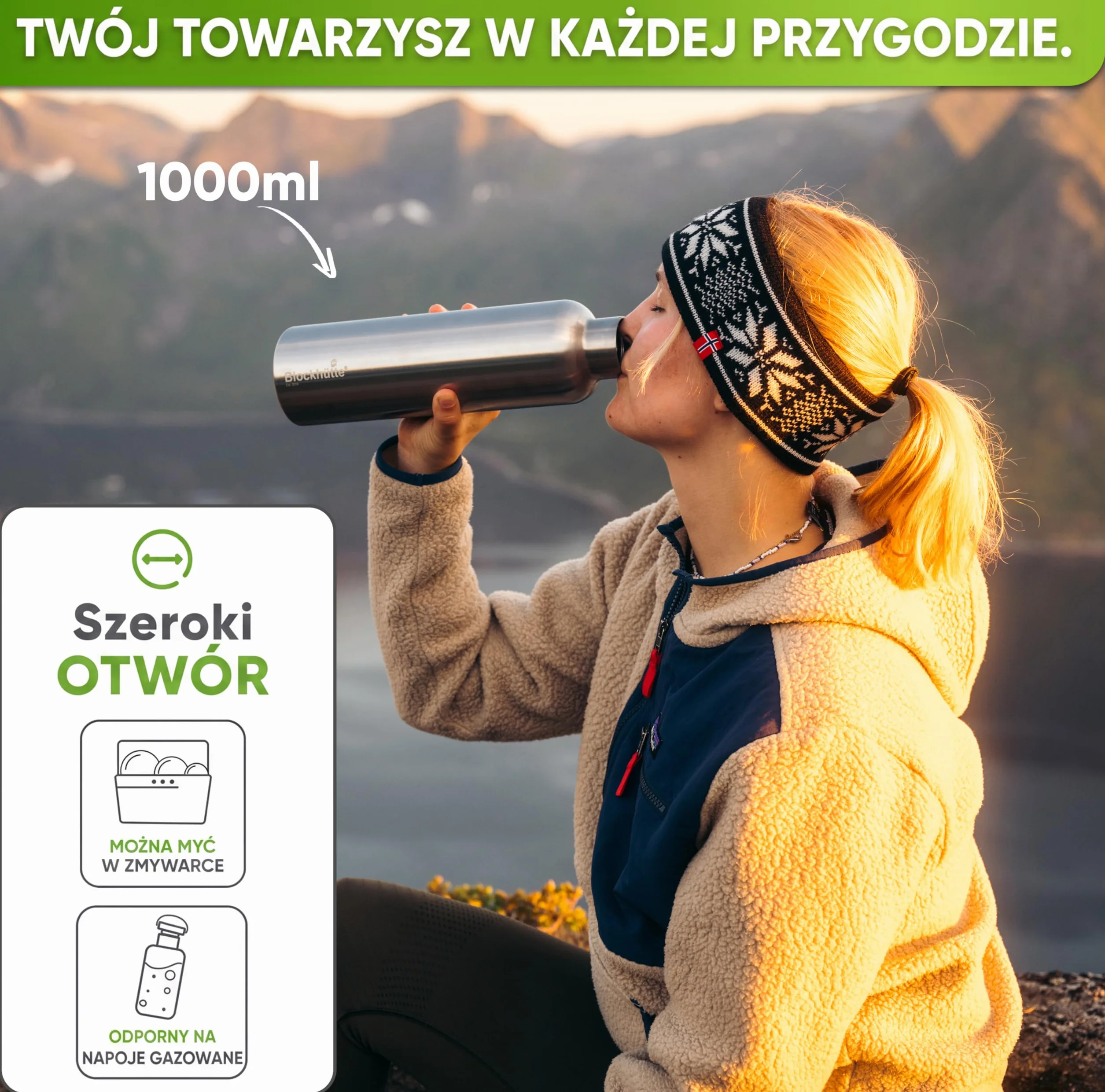 Blockhütte. Butelka na napoje, ze stali nierdzewnej, premium, izolowana, 1 l, z ekologiczną szczotką do czyszczenia butelki, zabezpieczona przed wyciekiem, nadaje się do zmywarki, do biura, bez bisfenolu A