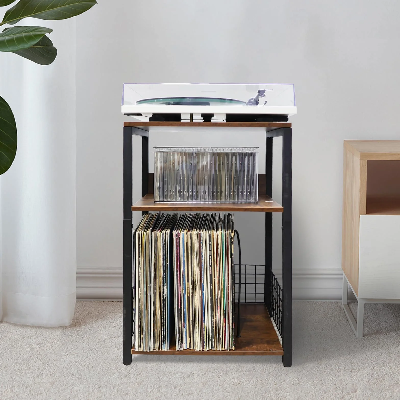 MayRecords Stojak na gramofon, stolik pomocniczy z 3-poziomowym uchwytem na płyty winylowe, metalowy stolik pomocniczy, do przechowywania do 100 albumów, brązowy stojak na odtwarzacz do salonu