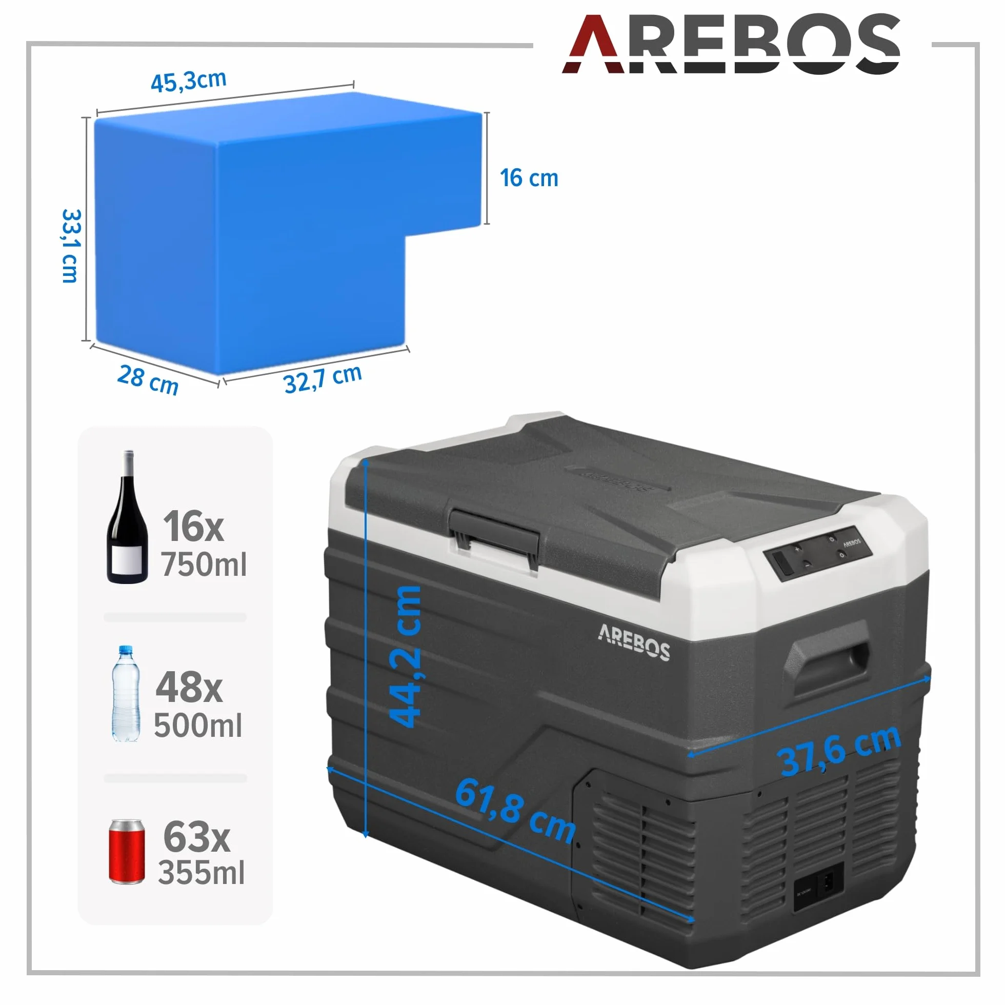 Arebos Lodówka kompresorowa, 35 l | elektryczna zamrażarka z aplikacją i inteligentnym sterowaniem |mobilna lodówka ze złączem USB | do -20 °C | 12/24 V, 230 V | do samochodu, ciężarówki, kempingu