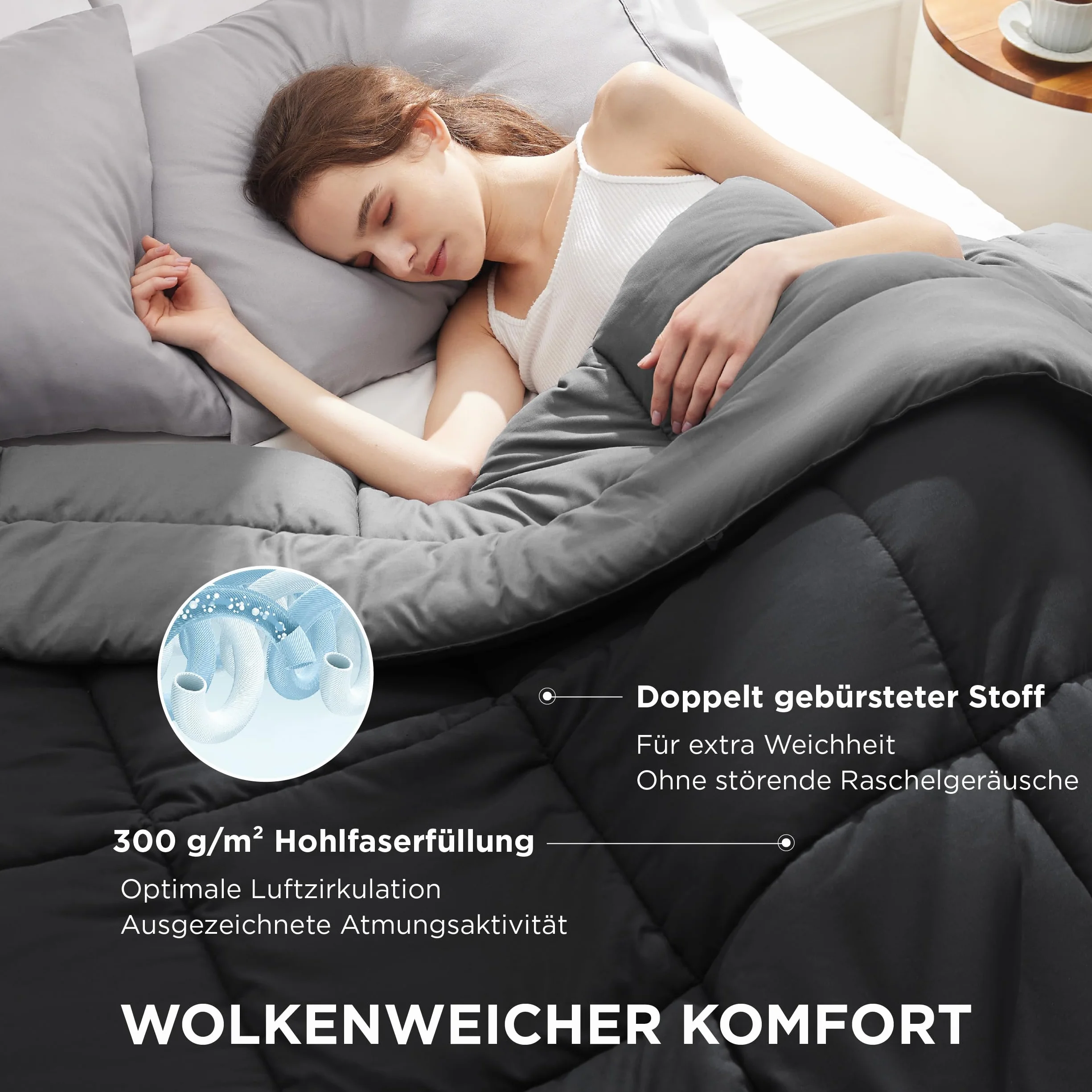 BEDSURE Kołdra pikowana 155 x 220 cm, całoroczna, bez poszewki 155 x 220 cm, 300 g/m², na 4 pory roku, dwustronna, kolor czarny/szary, miękka, ciepła kołdra do spania dla alergików