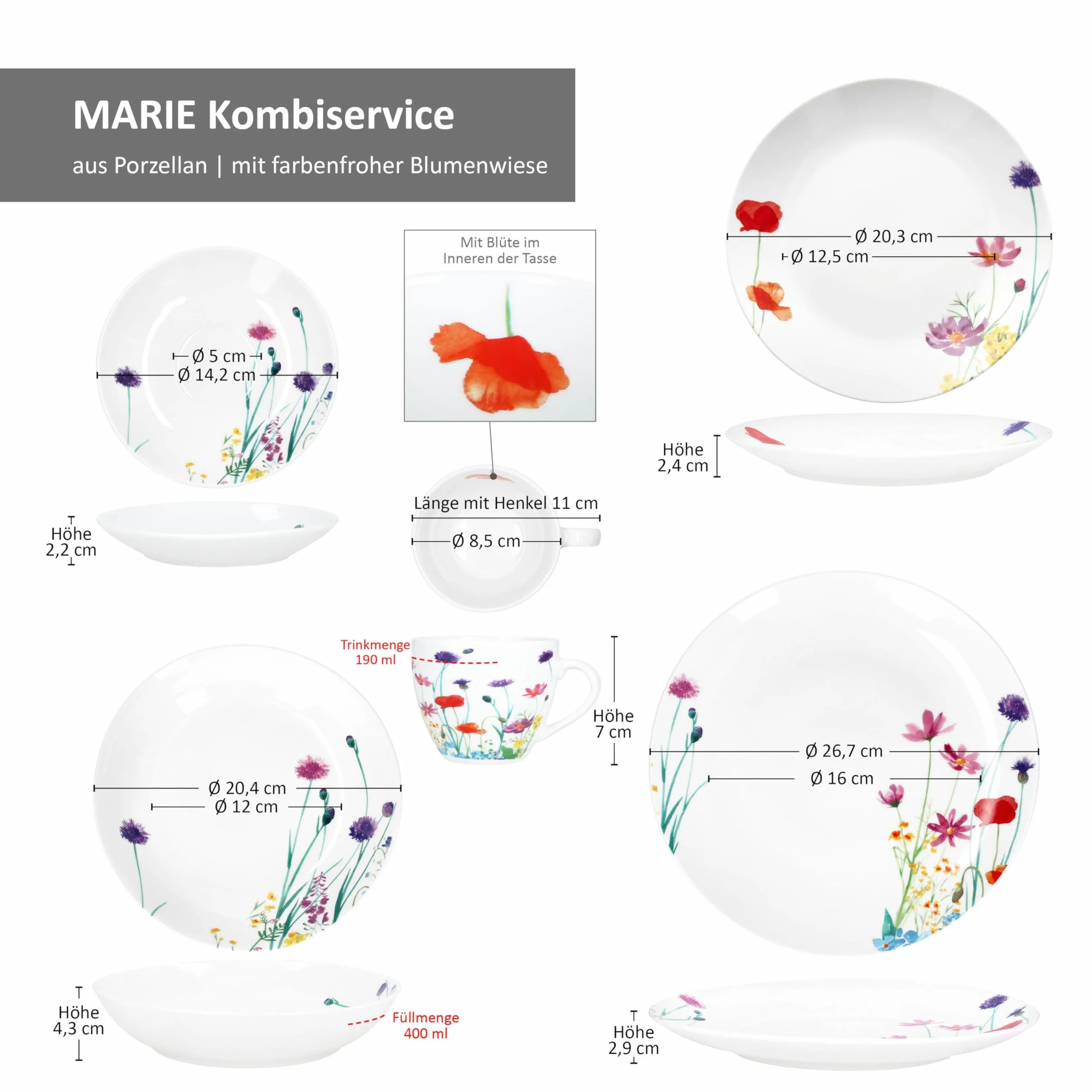 MamboCat Marie 30-częściowy serwis obiadowy, porcelanowy zestaw naczyń z dekoracją łąki kwiatowej dla 6 osób, po 6 filiżanek, spodków, talerzy do ciasta i zupy