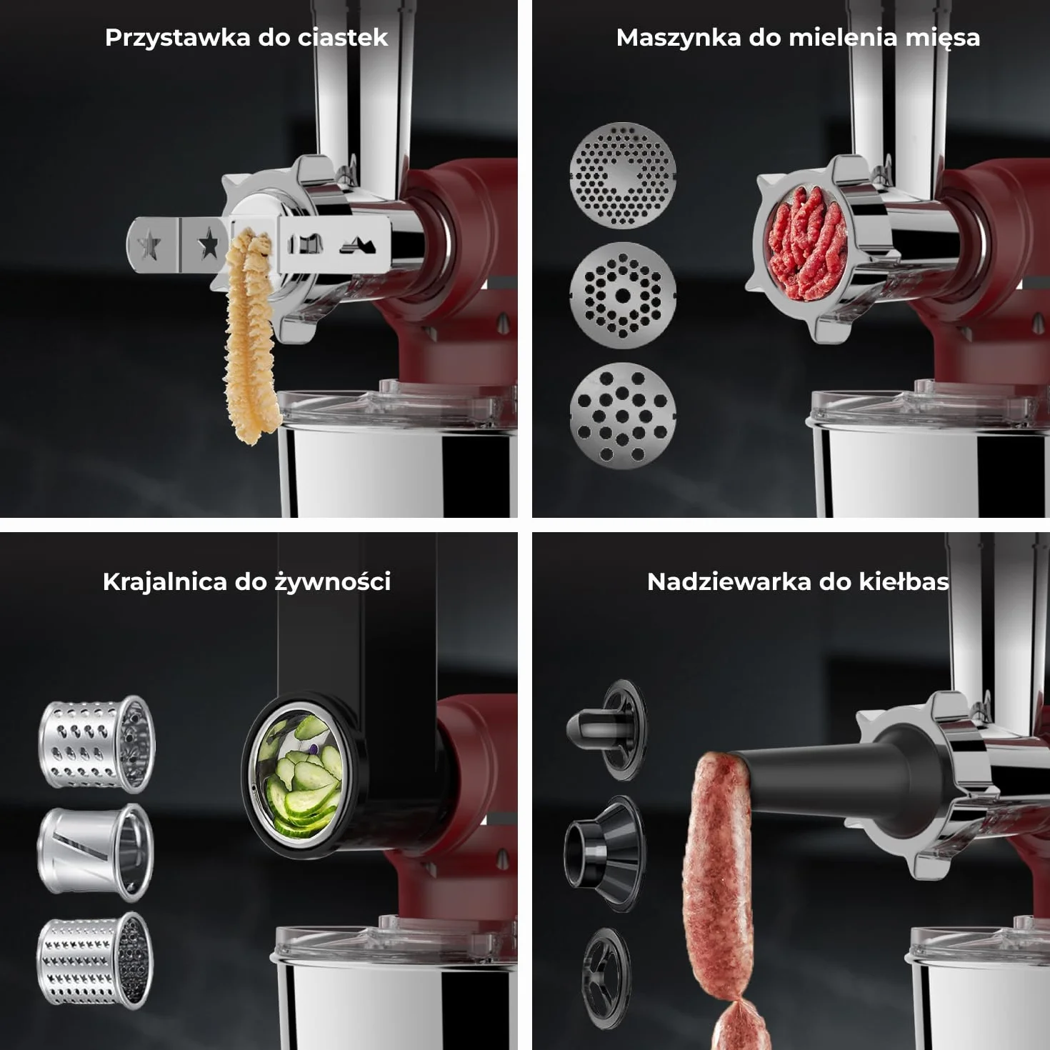 Robot kuchenny 2000 W, robot kuchenny, procesor żywności, miska do mieszania 6,2 l, w zestawie maszynka do mielenia mięsa, blender i dodatkowe akcesoria (Czerwony)