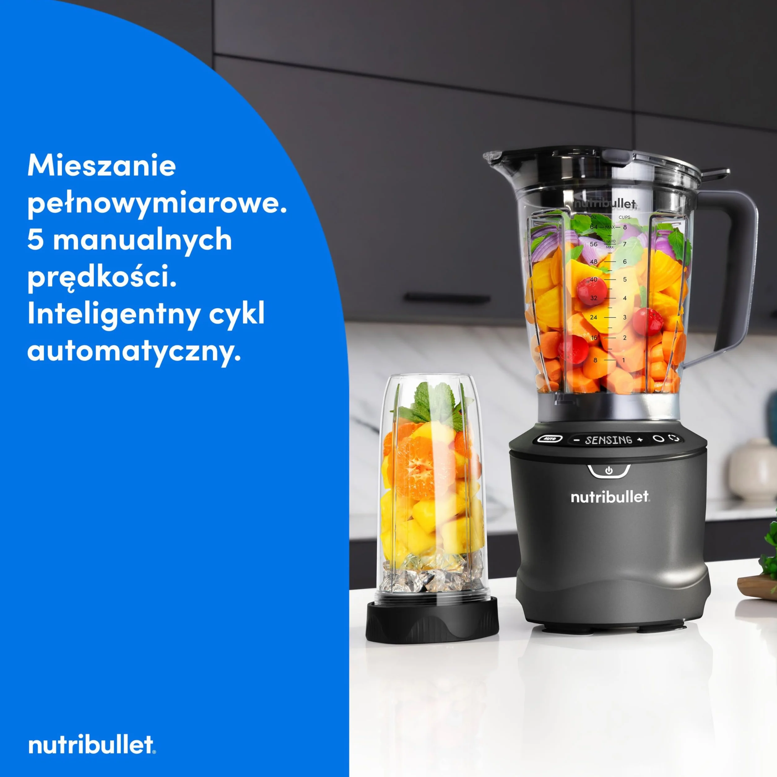 Nutribullet SmartSense Blender Combo NBF550DG z 5 zmiennymi prędkościami, funkcją pulsu, kubek 946 ml i 710 ml z uchwytem, inteligentny cykl automatyczny, pokrywa To-Go, 1500 W, czarny