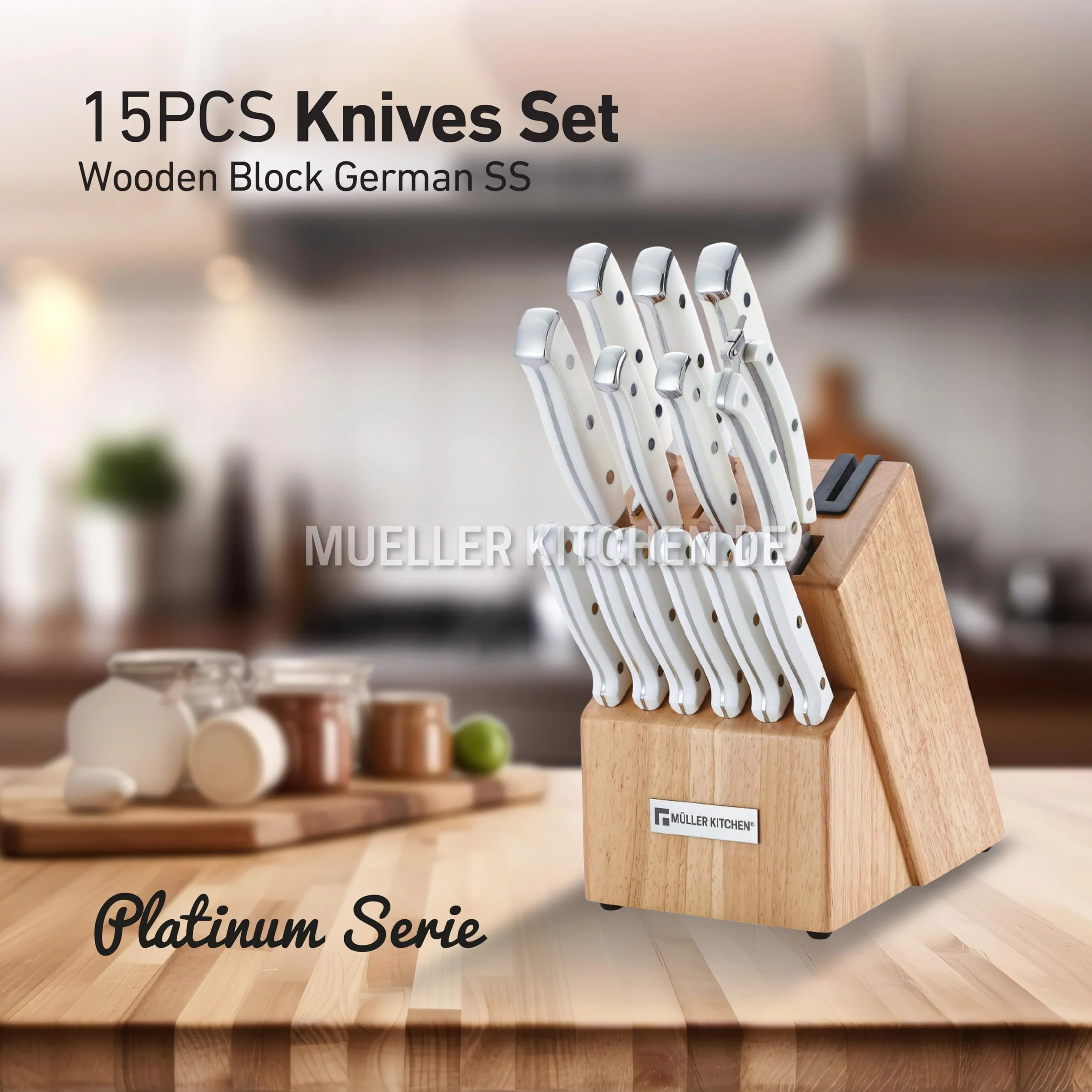Muller Kitchen Zestaw noży (niemiecki INOX, antypoślizgowy kuty uchwyt, drewniany blok, ultra ostry i trwały) (15 sztuk - biały)