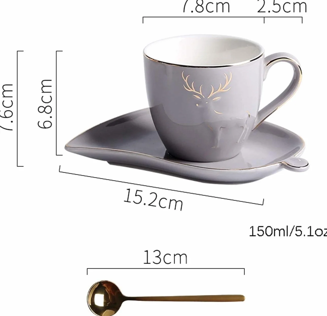 Kubki Do Kawy 5,1 Uncji Zestaw Kubków Do Kawy I Spodków Z Eleganckim Tłoczonym Obramowaniem W Kształcie Łosia I Złotą Krawędzią Ceramiczny Kubek Do Espresso I Łyżeczka Ku（Grey）