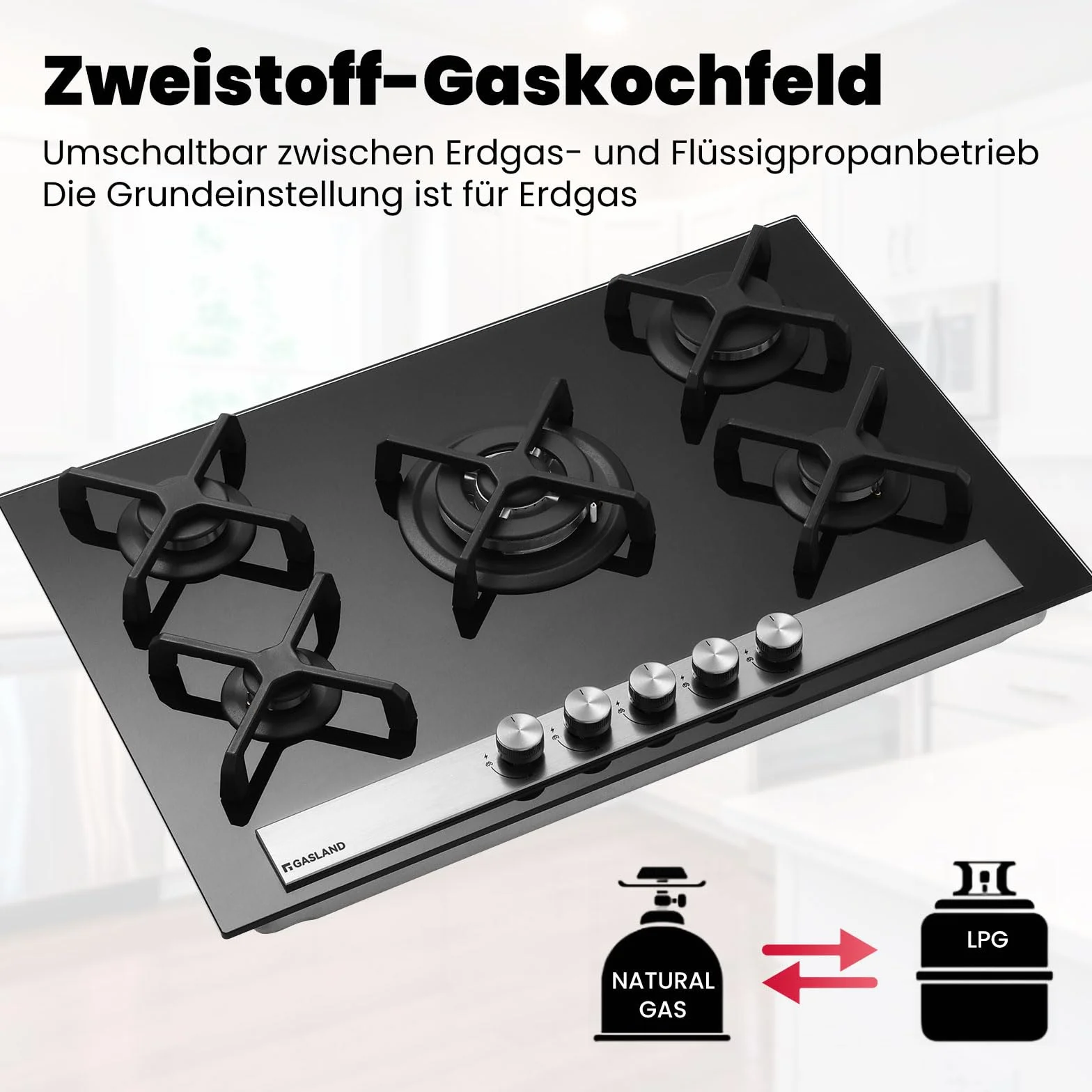 GASLAND GH6805BG1FC szklana płyta gazowa, 5-palnikowa, gazowa płyta kuchenna z palnikiem wok, płyty gazowe do zabudowy, 76 cm, czarna kuchenka szklana, butan 10400 W, LPG/gaz ziemny