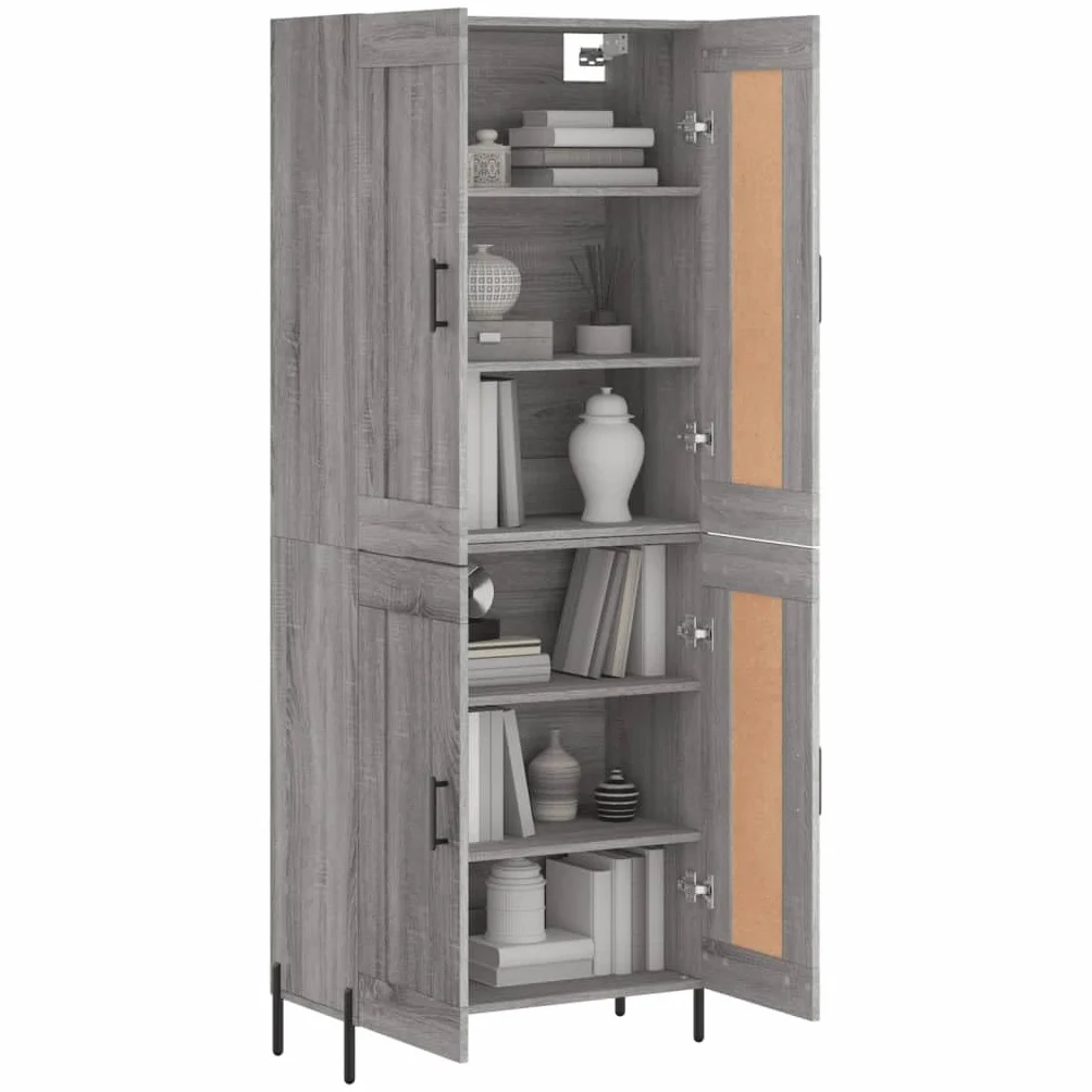 Générique Bufet wysoki Sonoma szary 69,5 x 34 x 180 cm, szafka do przechowywania z drewna inżynieryjnego z drzwiami skrzydłowymi, szara szafka do salonu z żelaznymi nogami do dużej przestrzeni do