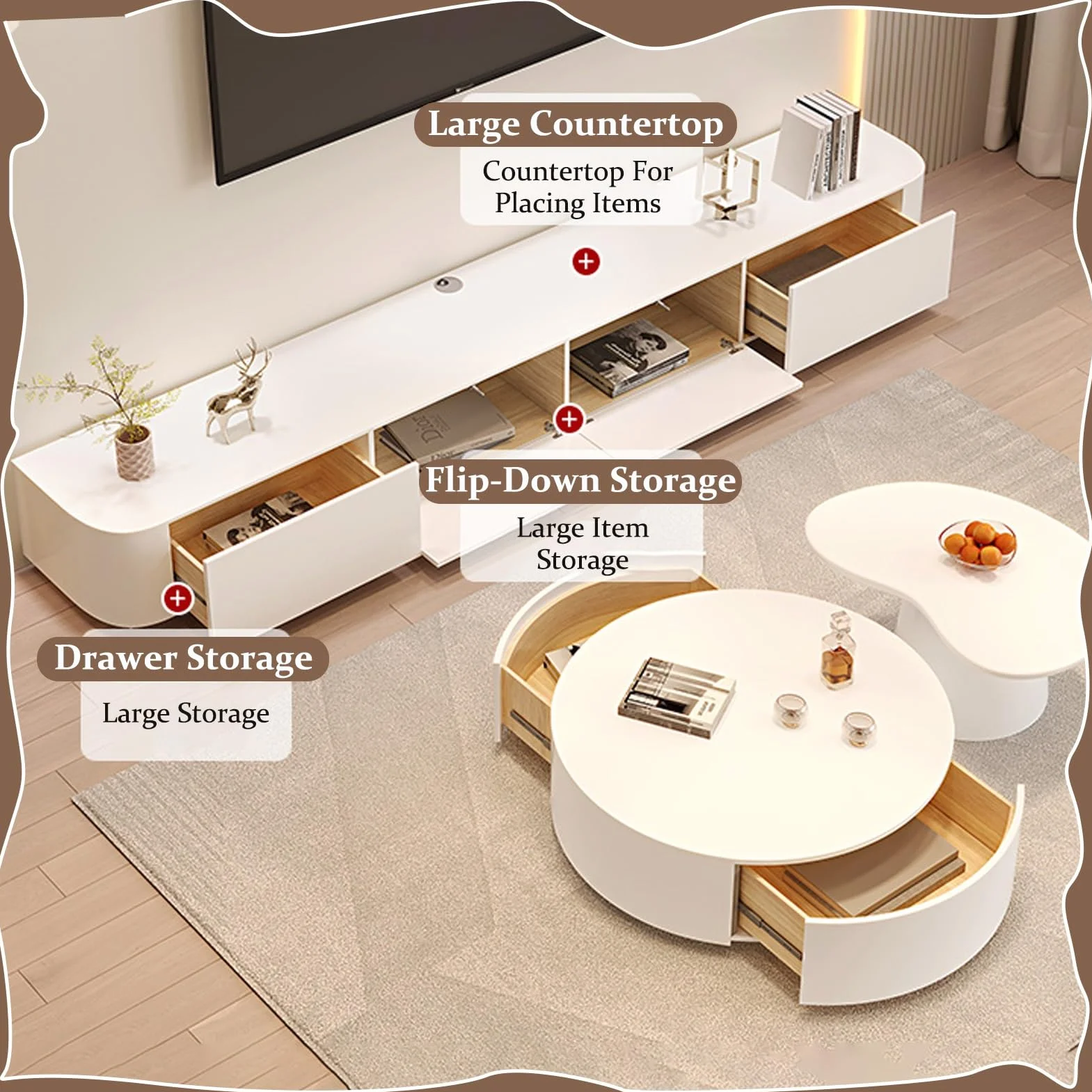 Nowoczesna drewniana szafka pod telewizor na duże ekrany, stojąca konsola multimedialna z półkami i drzwiami, stylowa podstawka pod telewizor z miejscem do przechowywania, do salonu, naturalna 260 cm