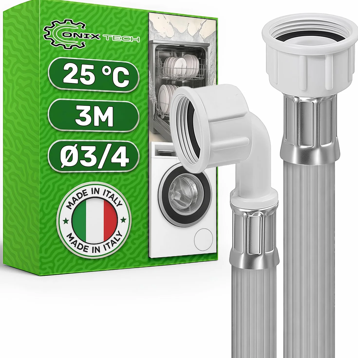 Wąż do pralki i zmywarki 3m do doprowadzania wody z zaworami Ø 3/4" Ciśnienie od 20 do 60 bar dla temperatur do 25°C - MADE IN ITALY - 5 lat - ONIX TECH