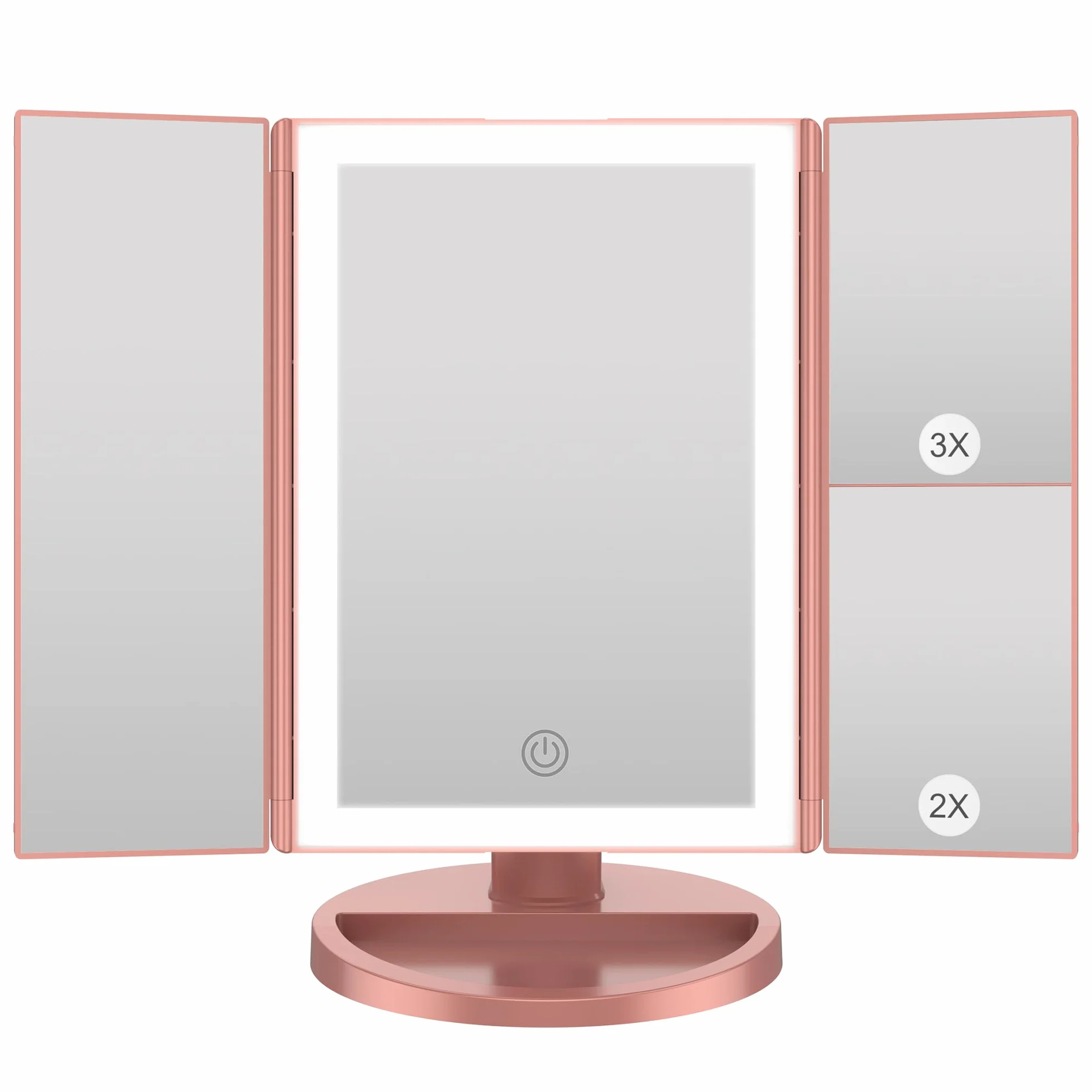 WEILY Lustro do makijażu ze światłami, lusterko powiększające z 1X/2X/3X, Tri-Fold lusterko do makijażu z ekranem dotykowym, lustro stołowe z obsługą USB i baterią (różowe złoto)