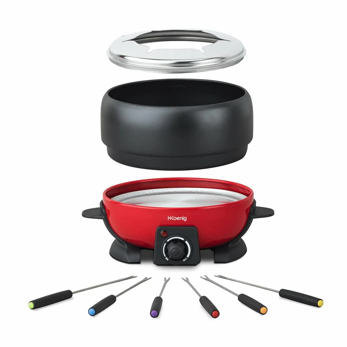 H.Koenig Elektryczne urządzenie do fondue z 6 widelcami, 2 l, stal nierdzewna ALP1800, zestaw do fondue, czekolada, ser, savoyarde, wyjmowana miska, powłoka zapobiegająca przywieraniu, wytrzymała,