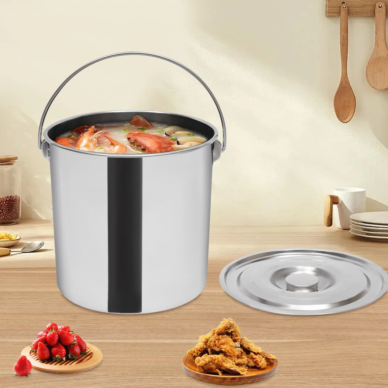 Kosz ze stali nierdzewnej przeznaczonej do kontaktu z żywnością, 20 l, z pokrywką, wykonany ze stali nierdzewnej 304, wzmocnione dno, do kuchni i gastronomii, do przechowywania żywności