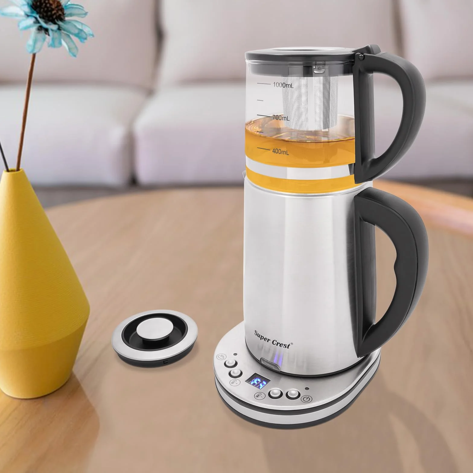 Szklany czajnik elektryczny, 2,5 l + 1 l, 1500 W, wydajny czajnik elektryczny z małym dzbankiem do herbaty, szybkie nagrzewanie (srebrny)