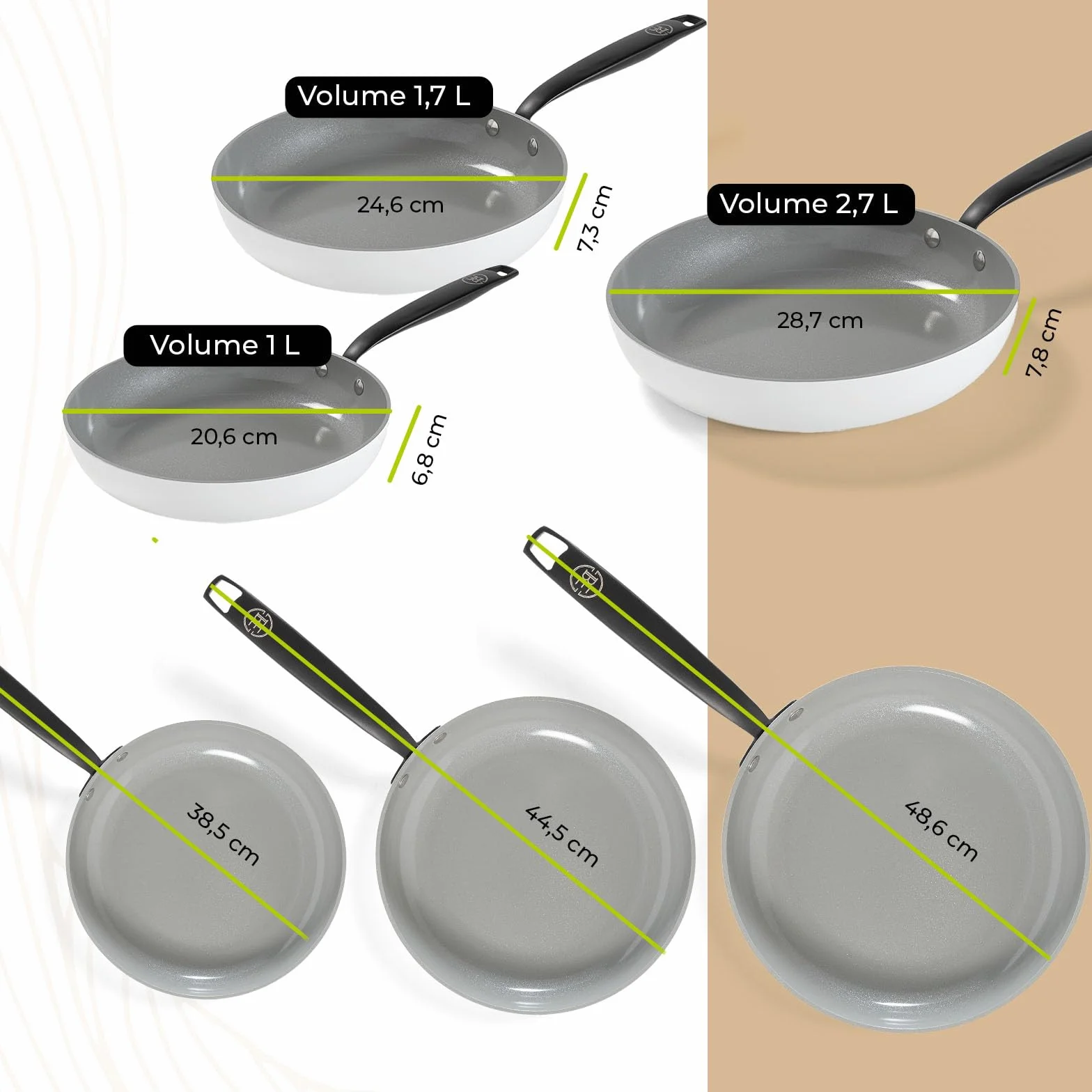 BE Living Essential 5-częściowy zestaw garnków, Ø 20, 24 i 28 cm patelnia do smażenia + Ø 30 cm patelnia do gotowania + Ø 28 cm, zestaw patelni, ceramiczne, bez PFAS, indukcja, biały