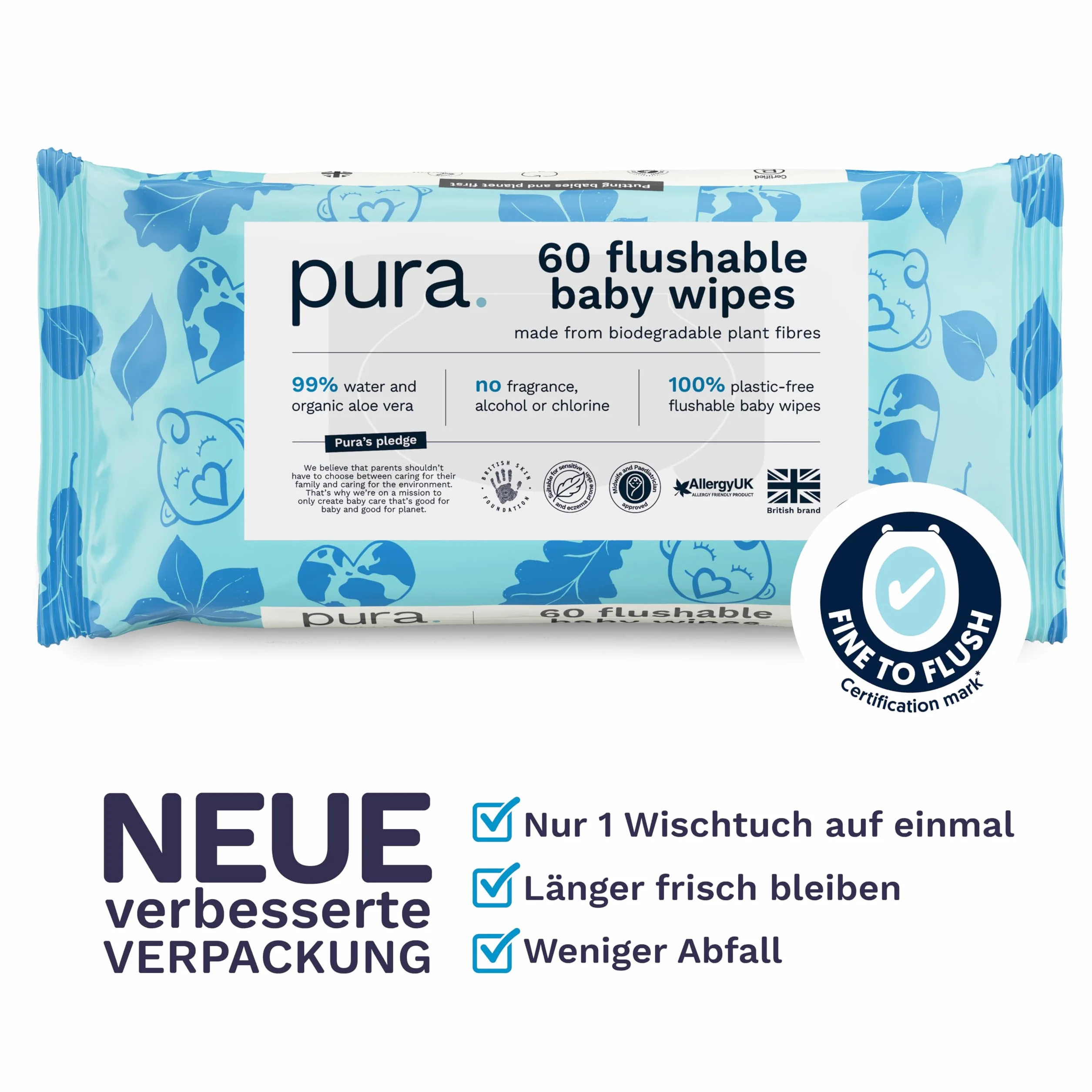 Pura Chusteczki do czyszczenia na mokro, 70 chusteczek (1 opakowanie), 99% wody, w 100% bez plastiku, odpowiednie dla wrażliwej i pozbawionej zapachu skóry, aloes, niemowląt, biodegradowalne,