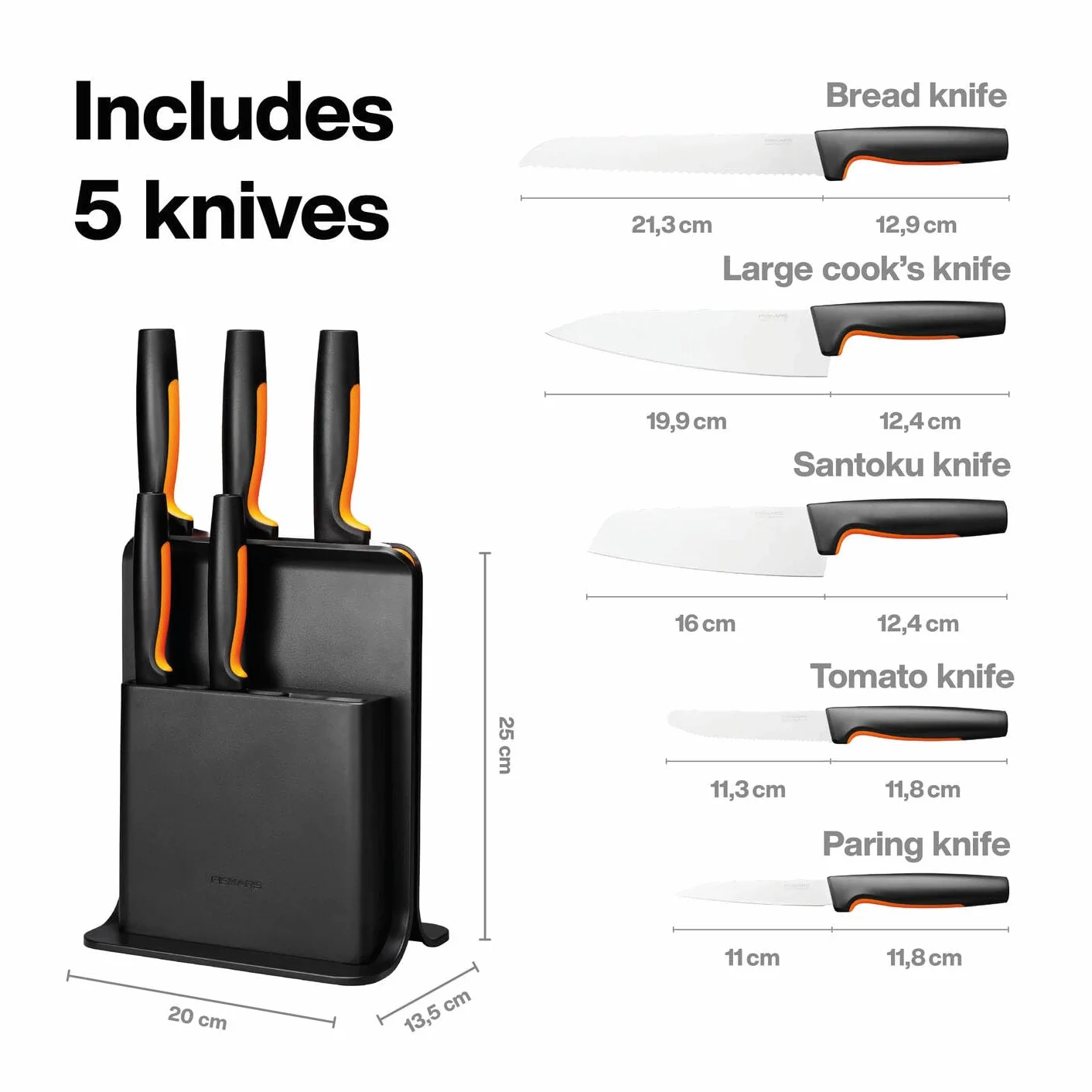 Fiskars Blok 5 noży,Functional Form,nóż do warzyw i Santoku, nóż do chleba,Czarny,1057554